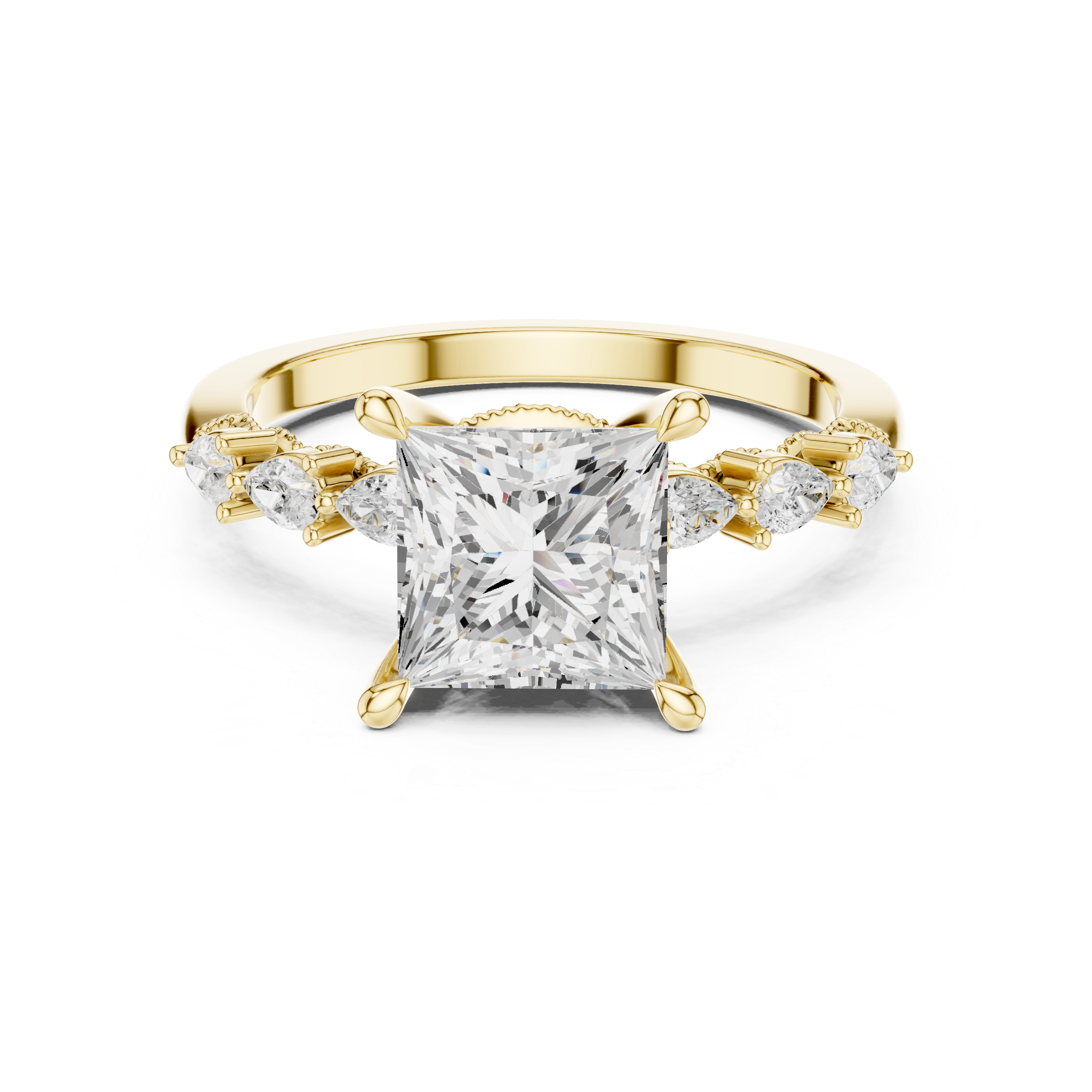 Princess  Cut Engagement Ring with Marquise & Round Floral Side Stones