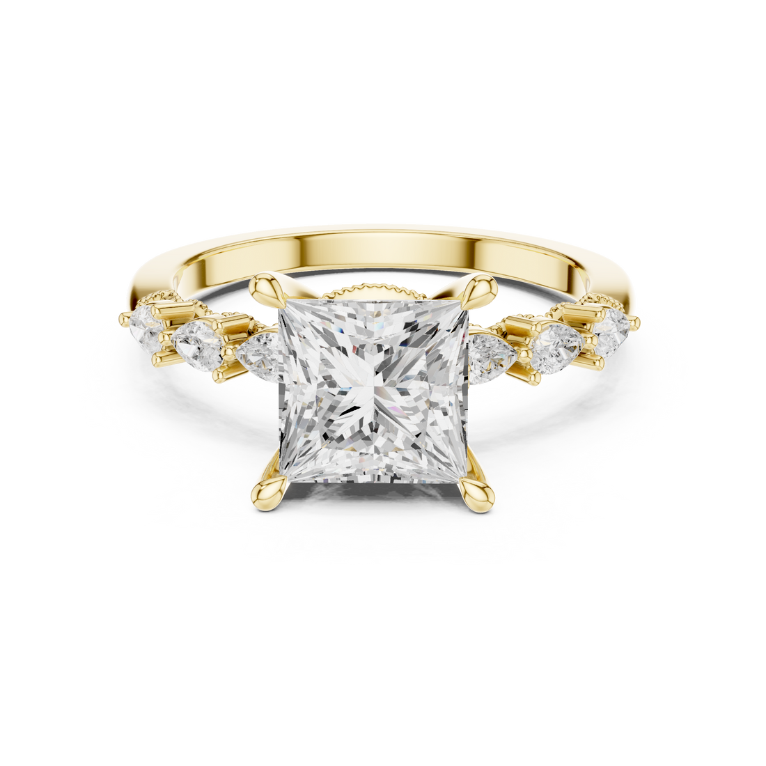 Princess  Cut Engagement Ring with Marquise & Round Floral Side Stones