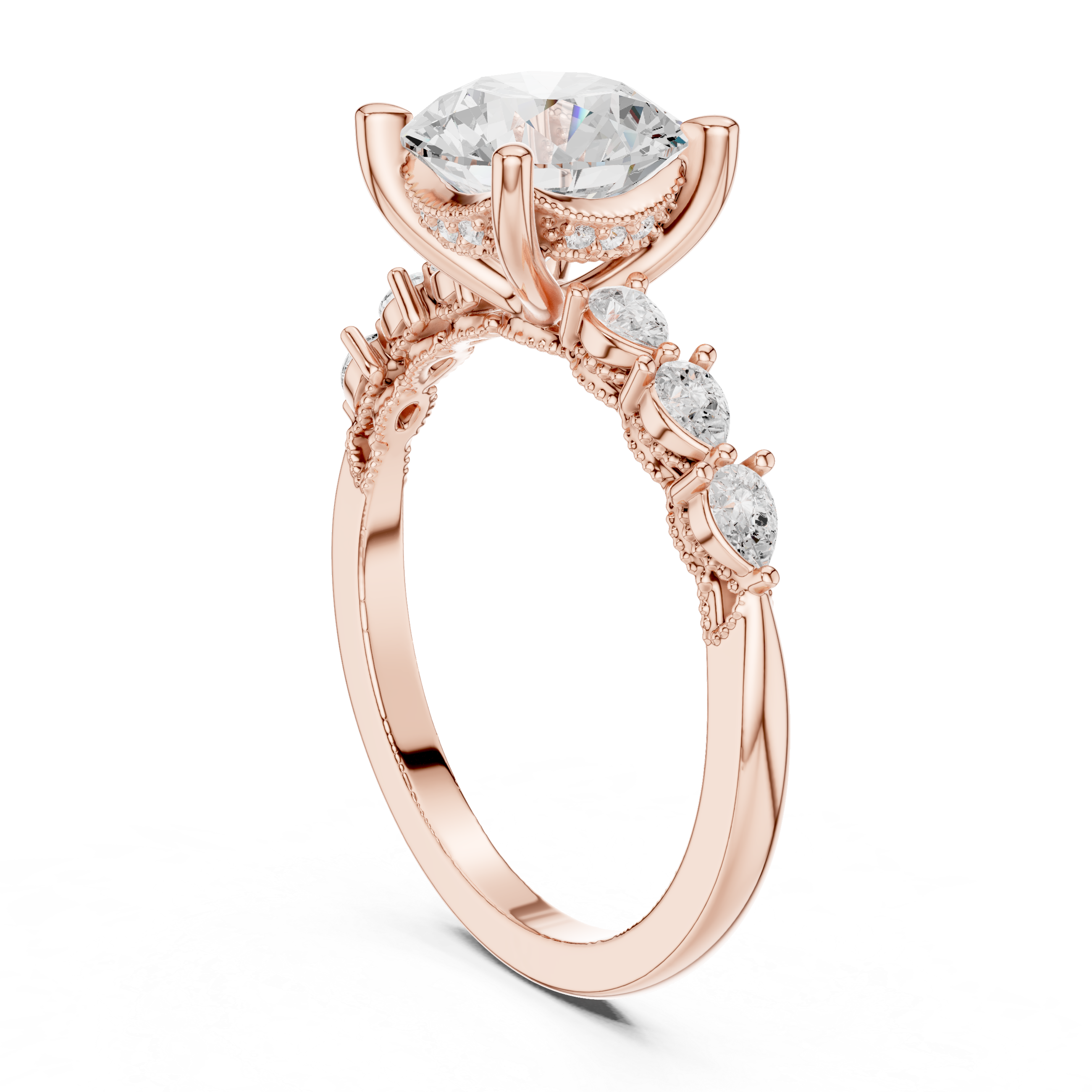 Round Cut Engagement Ring with Marquise & Round Floral Side Stones