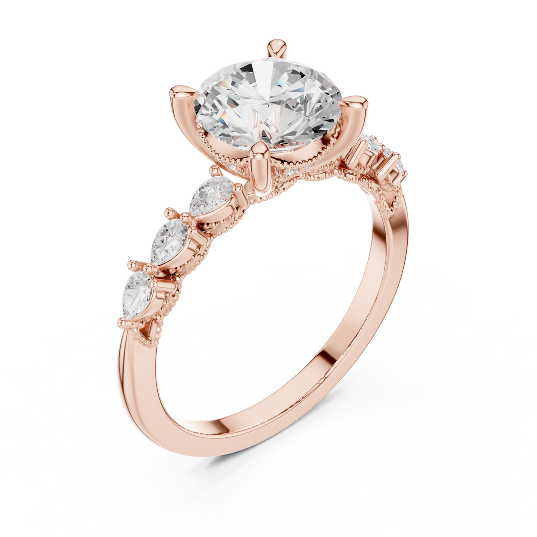 Round Cut Engagement Ring with Marquise & Round Floral Side Stones
