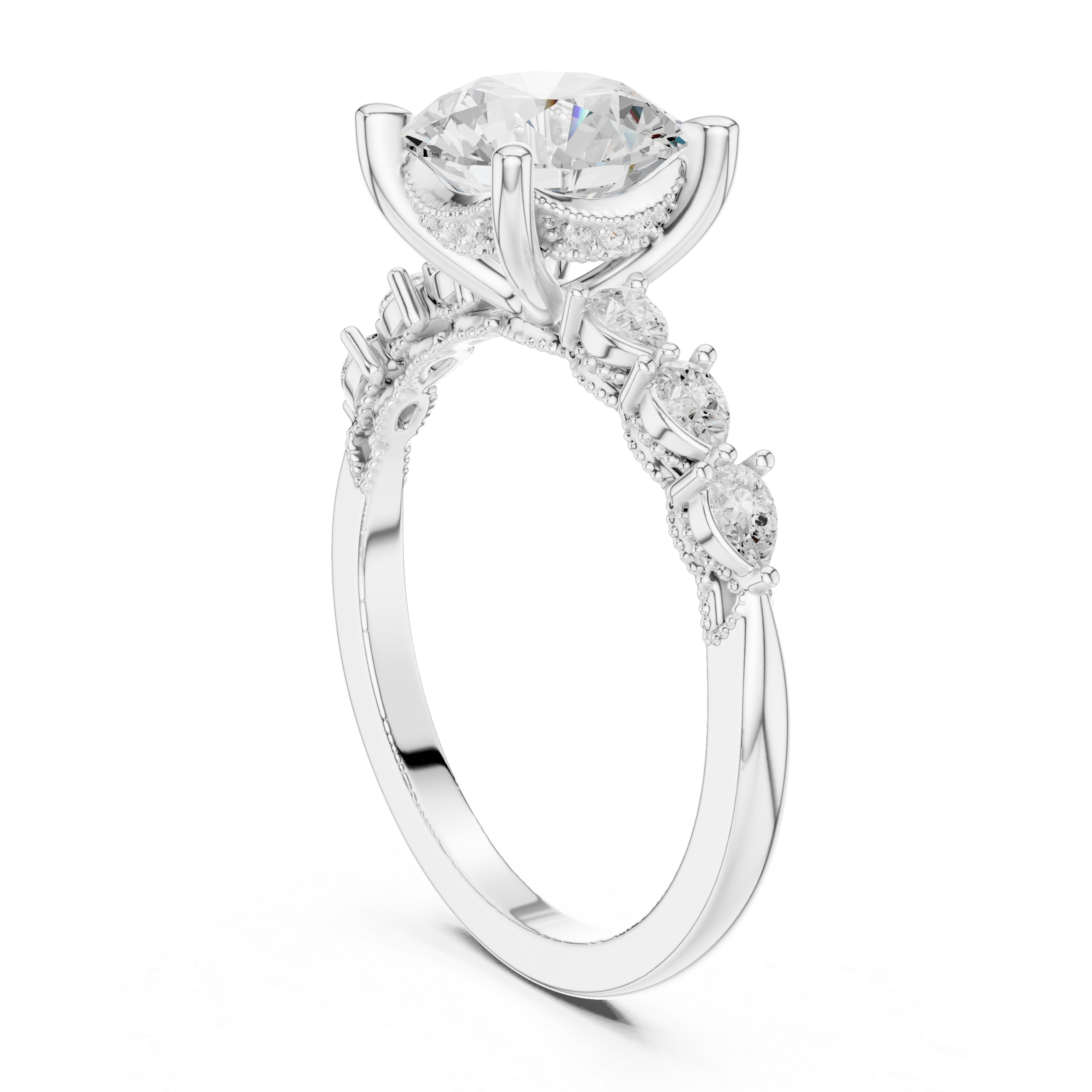 Round Cut Engagement Ring with Marquise & Round Floral Side Stones