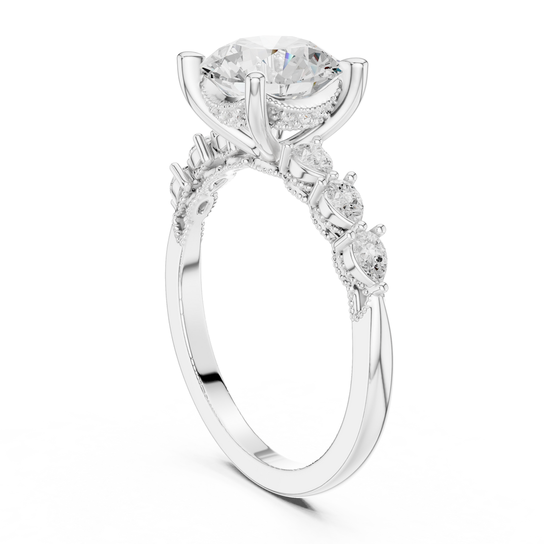 Round Cut Engagement Ring with Marquise & Round Floral Side Stones