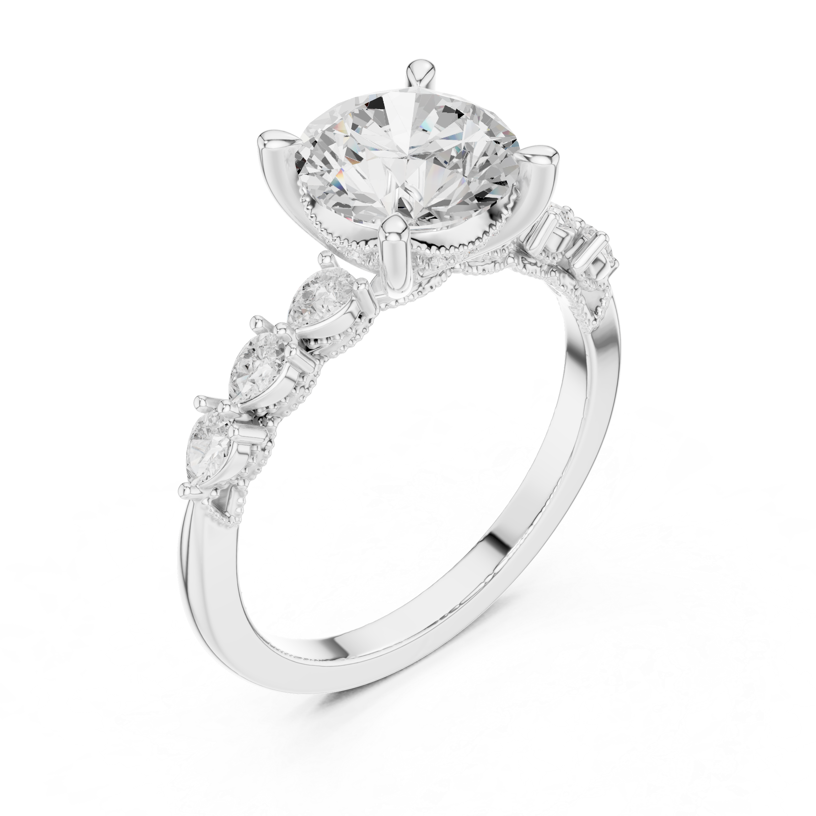 Round Cut Engagement Ring with Marquise & Round Floral Side Stones