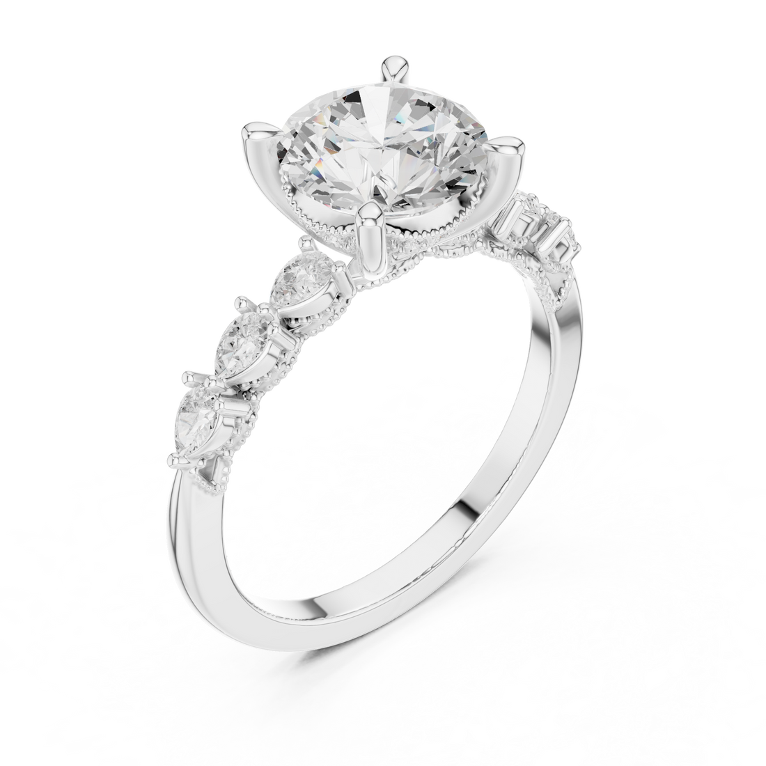 Round Cut Engagement Ring with Marquise & Round Floral Side Stones