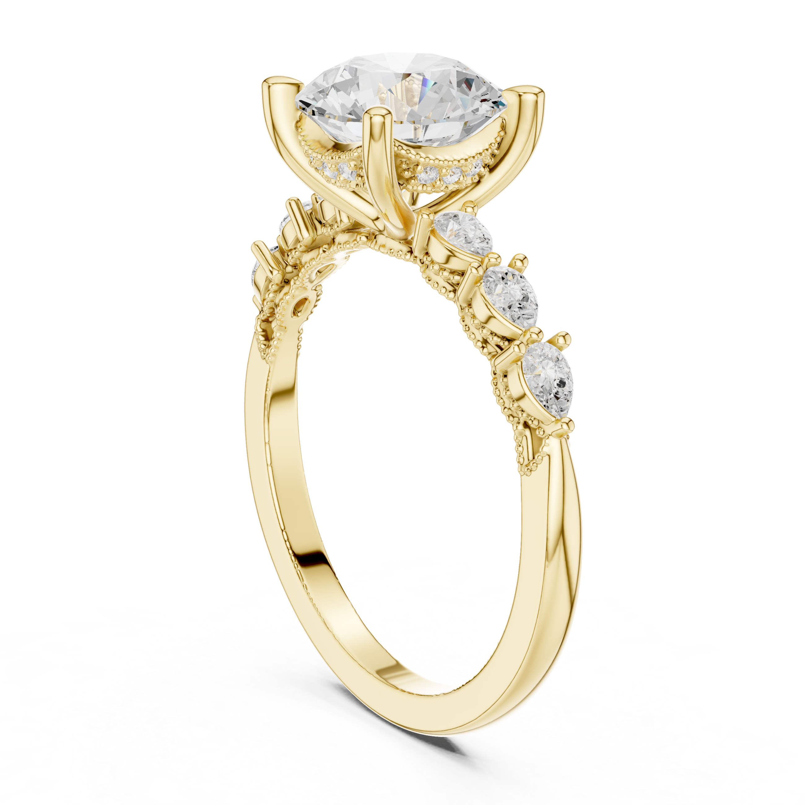 Round Cut Engagement Ring with Marquise & Round Floral Side Stones