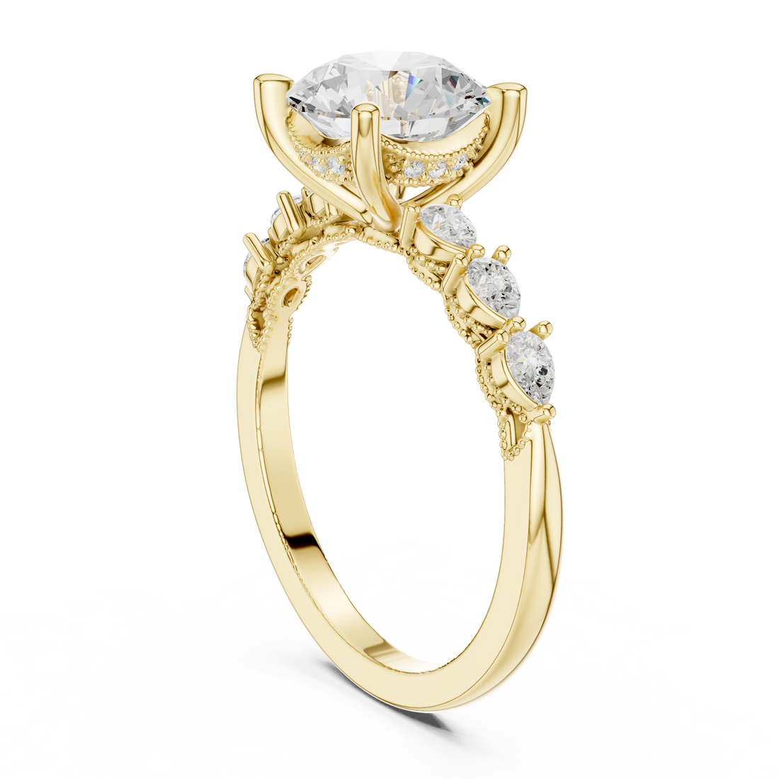 Round Cut Engagement Ring with Marquise & Round Floral Side Stones