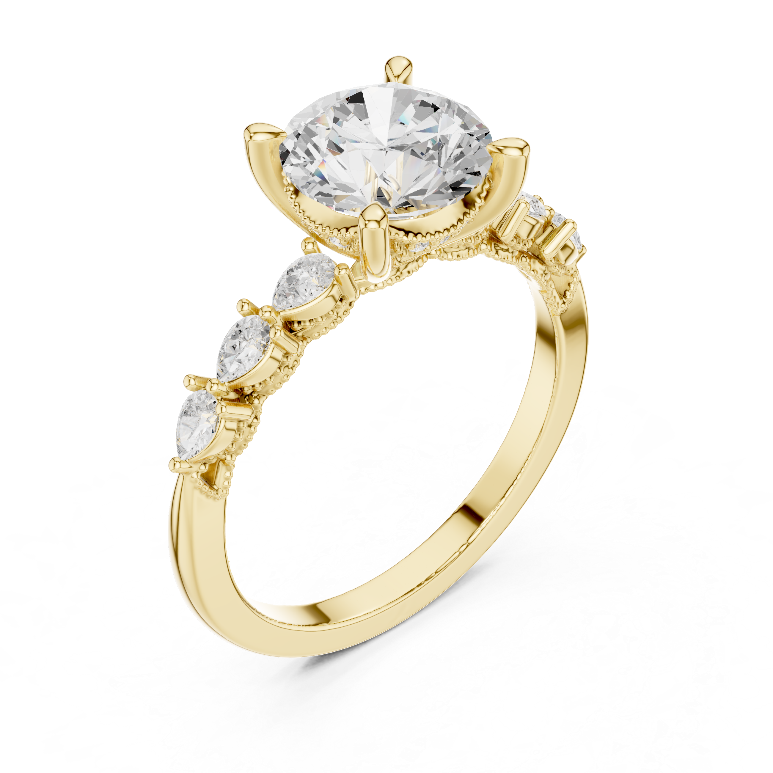 Round Cut Engagement Ring with Marquise & Round Floral Side Stones