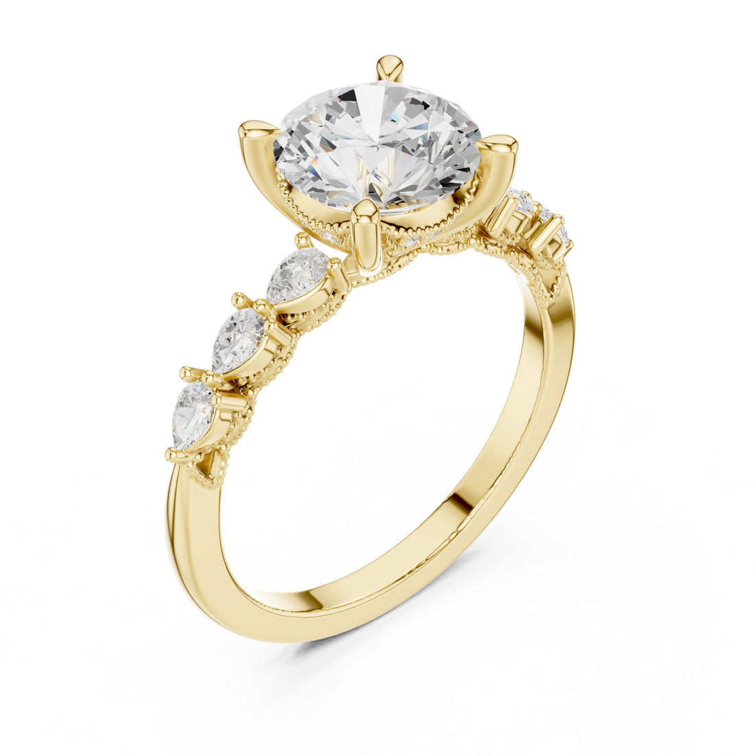 Round Cut Engagement Ring with Marquise & Round Floral Side Stones