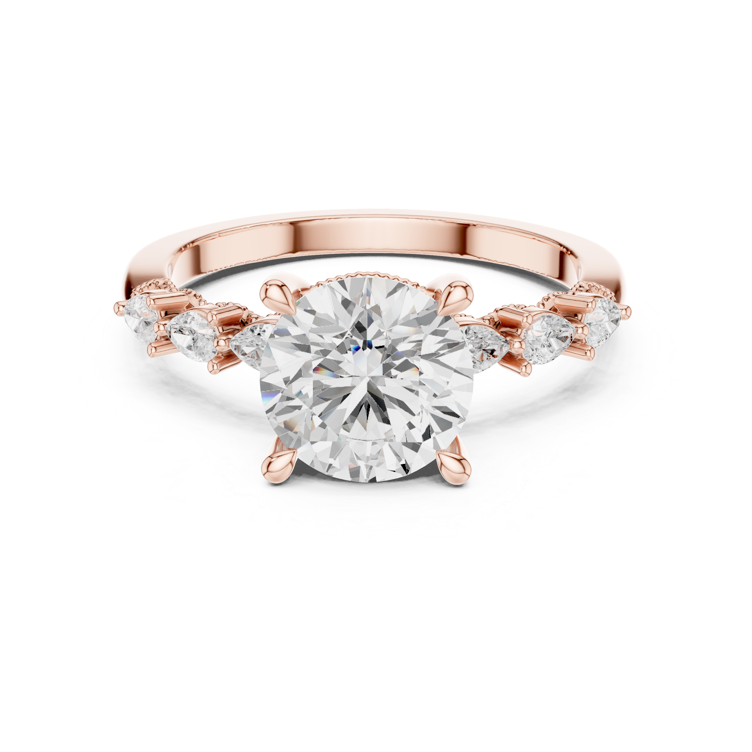 Round Cut Engagement Ring with Marquise & Round Floral Side Stones
