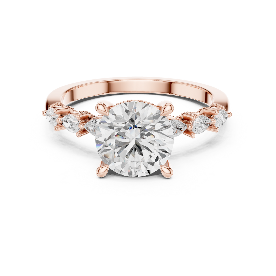 Round Cut Engagement Ring with Marquise & Round Floral Side Stones