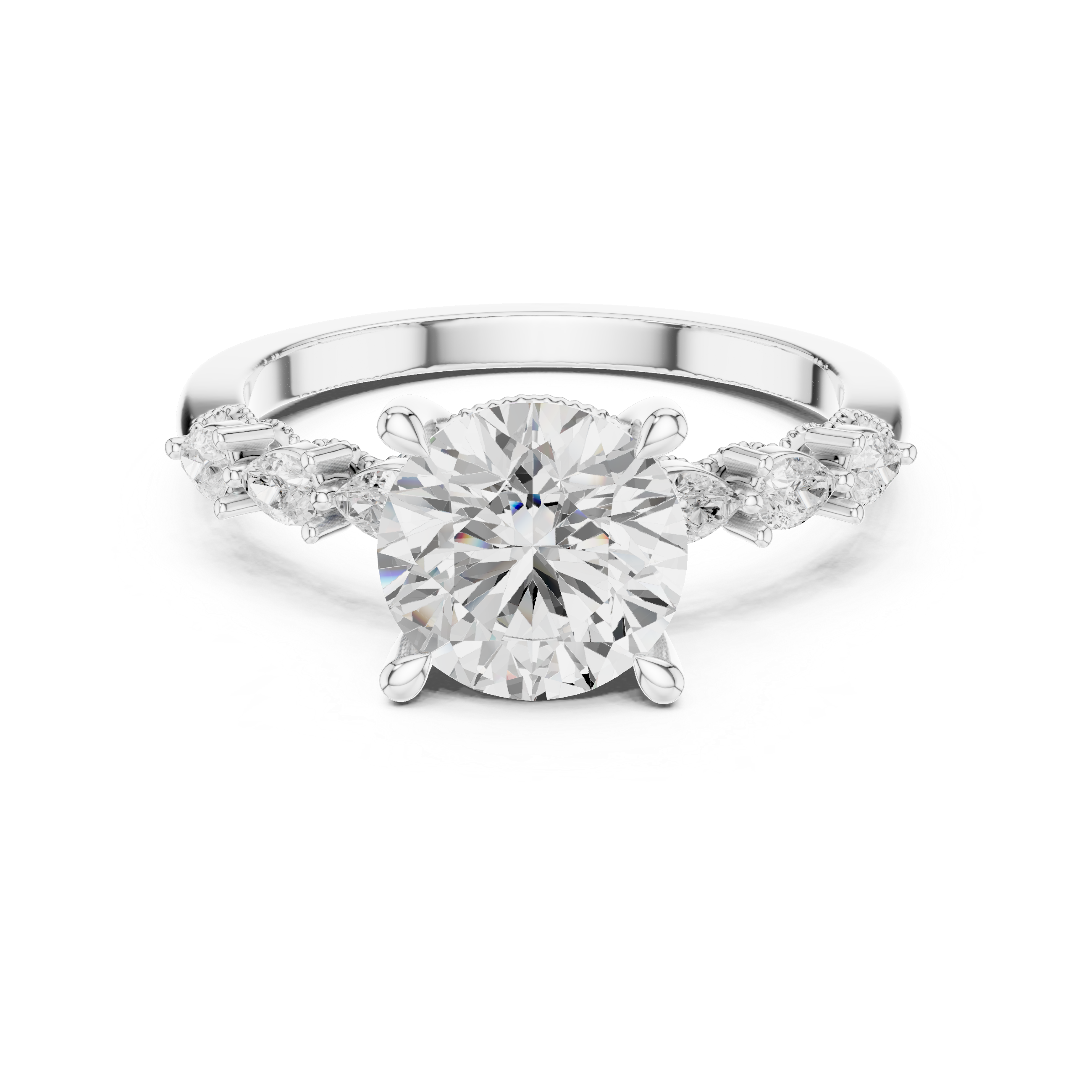 Round Cut Engagement Ring with Marquise & Round Floral Side Stones