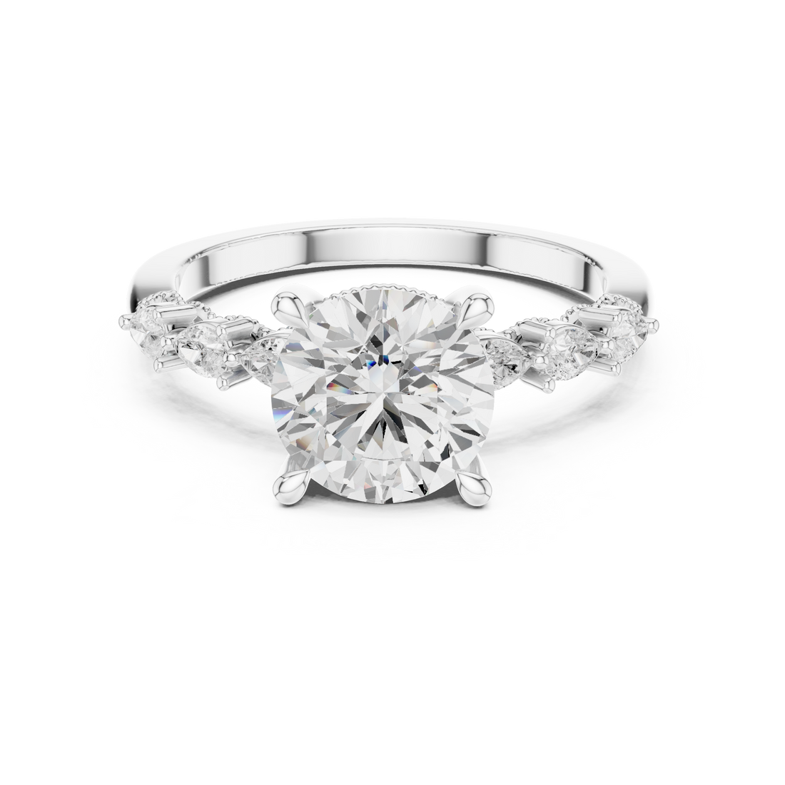Round Cut Engagement Ring with Marquise & Round Floral Side Stones