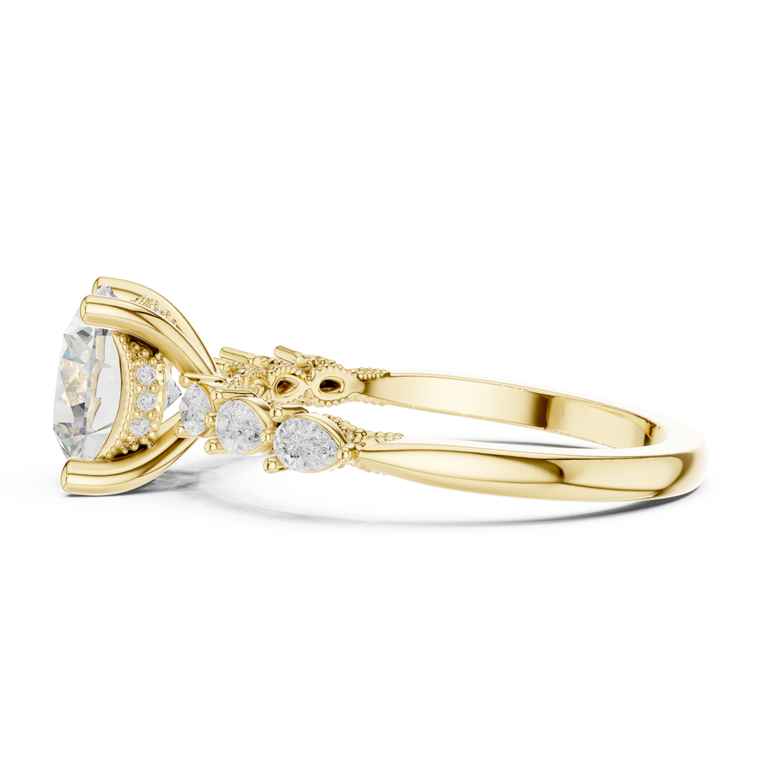 Round Cut Engagement Ring with Marquise & Round Floral Side Stones