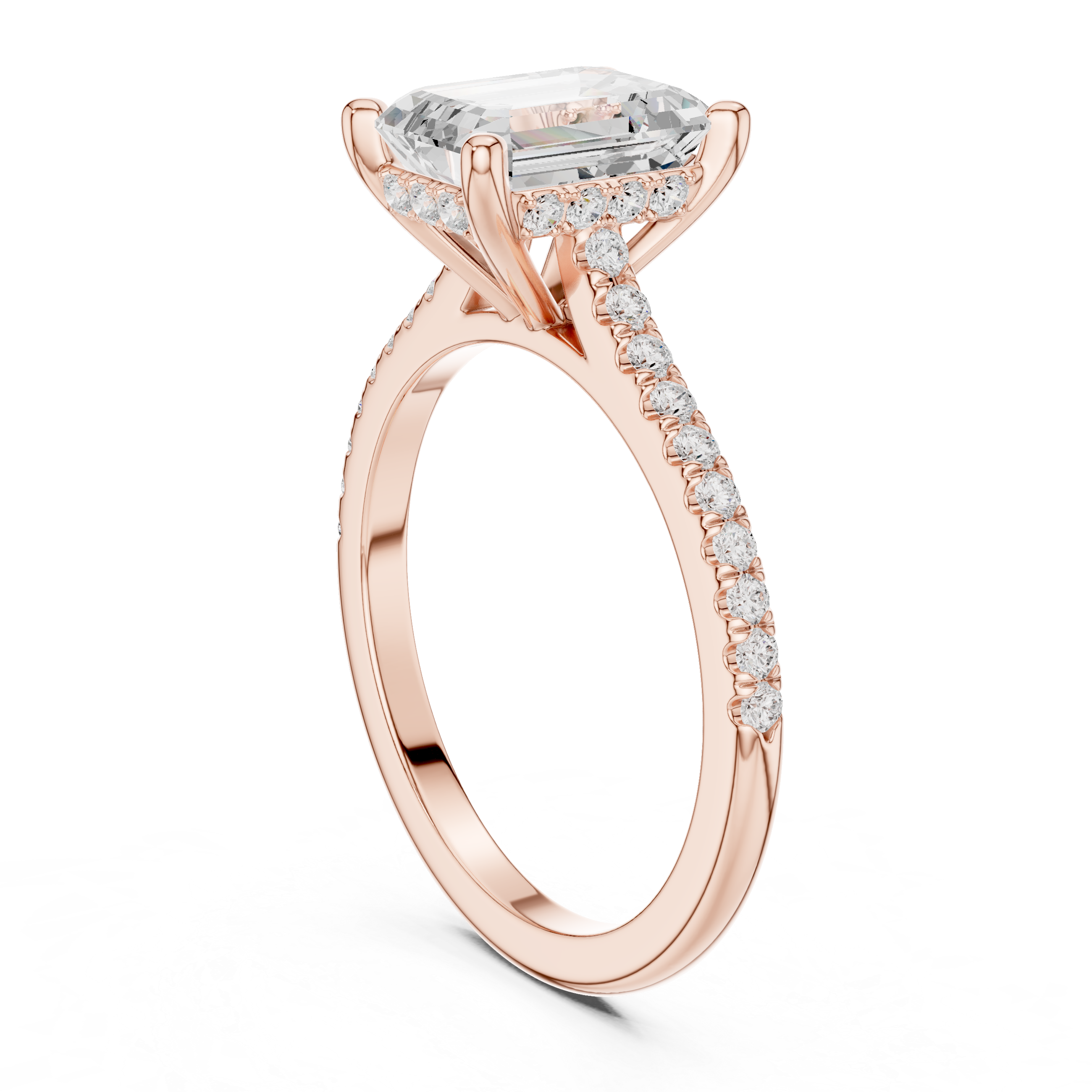 Emerald Cut Solitaire Engagement Ring with Pavé Diamond Band and Hidden Halo