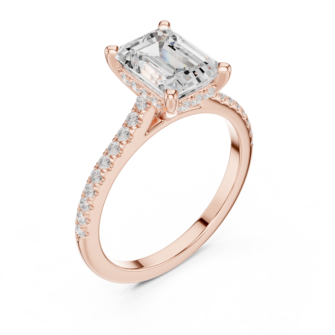 Emerald Cut Solitaire Engagement Ring with Pavé Diamond Band and Hidden Halo