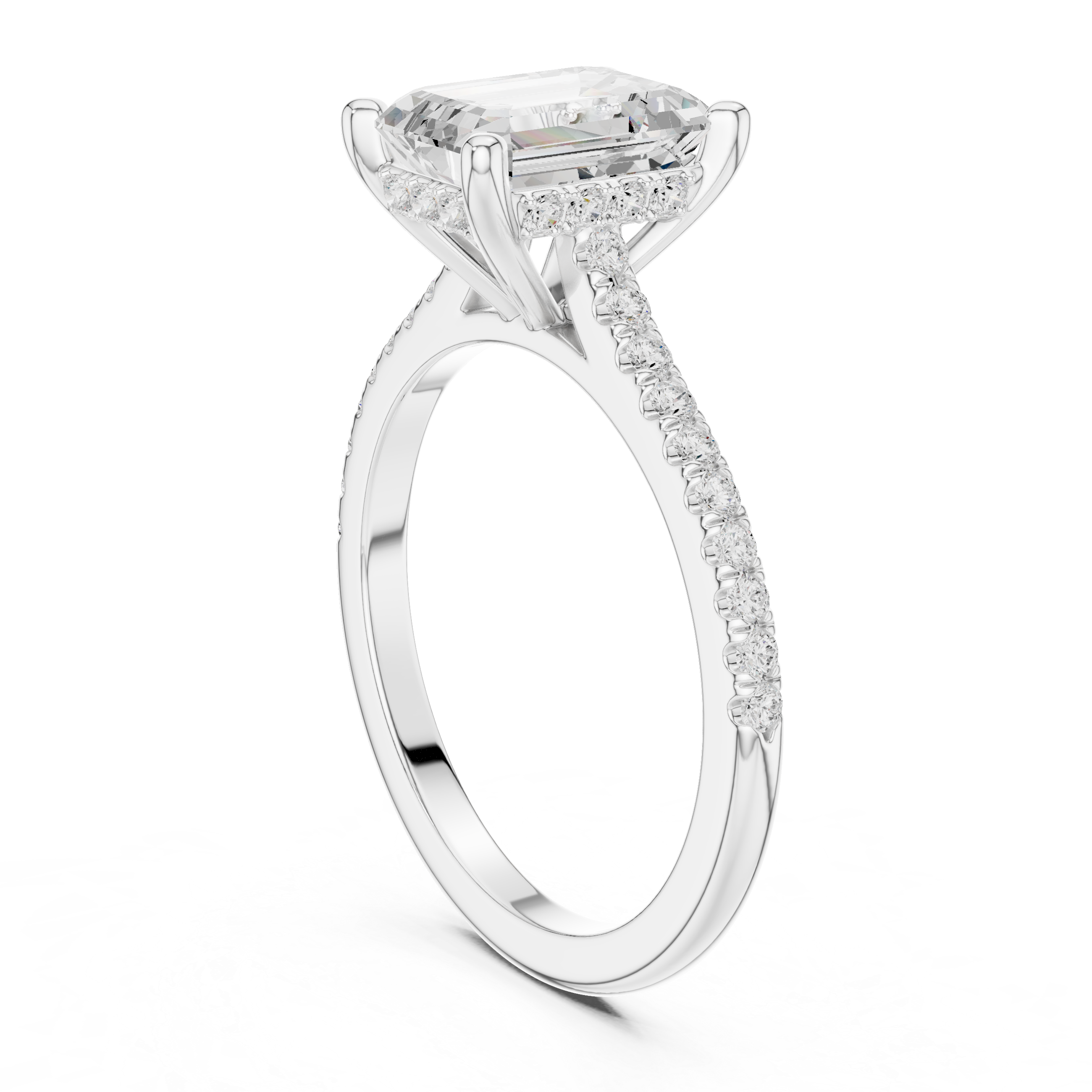 Emerald Cut Solitaire Engagement Ring with Pavé Diamond Band and Hidden Halo