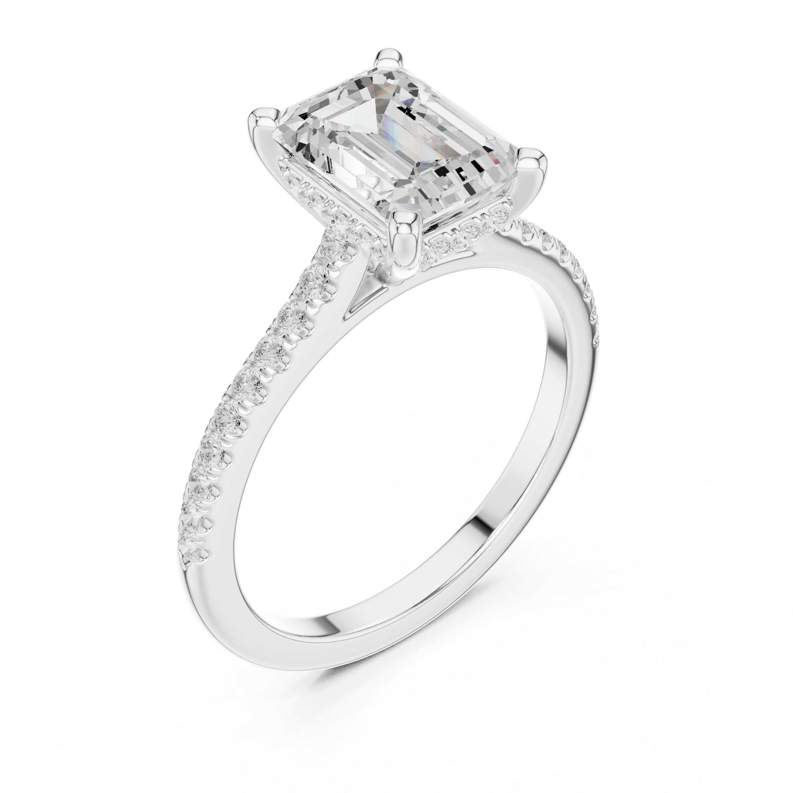 Emerald Cut Solitaire Engagement Ring with Pavé Diamond Band and Hidden Halo