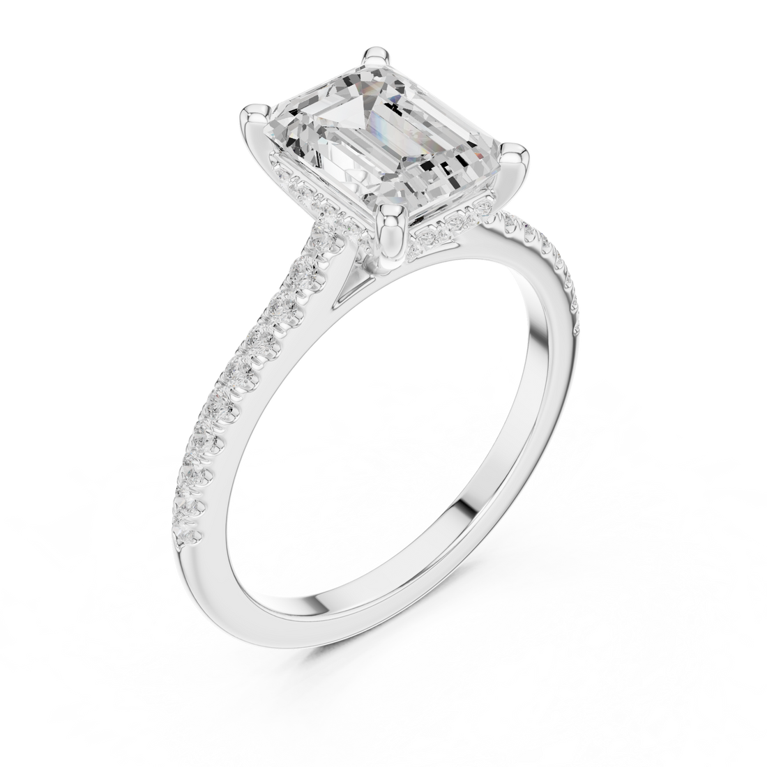 Emerald Cut Solitaire Engagement Ring with Pavé Diamond Band and Hidden Halo