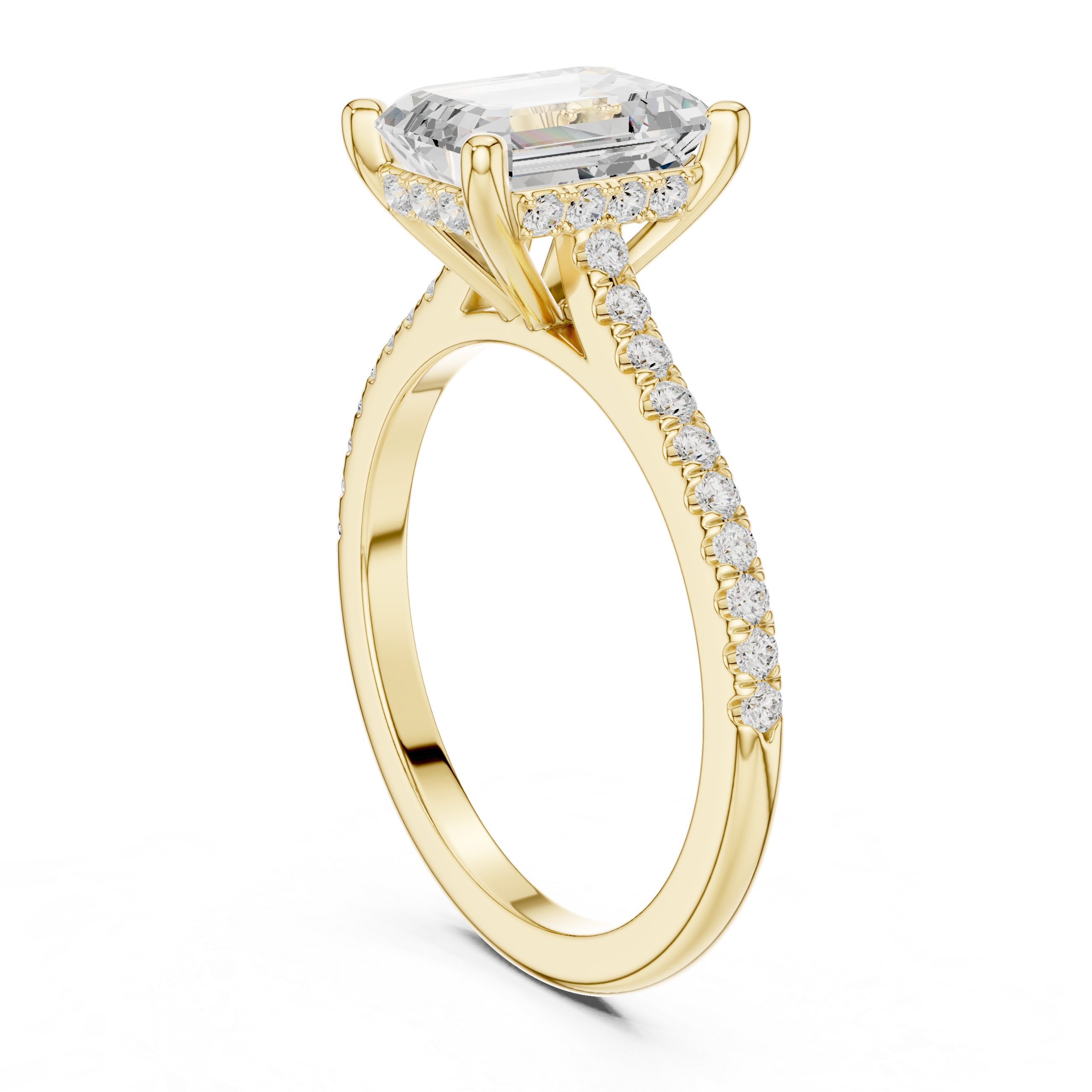 Emerald Cut Solitaire Engagement Ring with Pavé Diamond Band and Hidden Halo