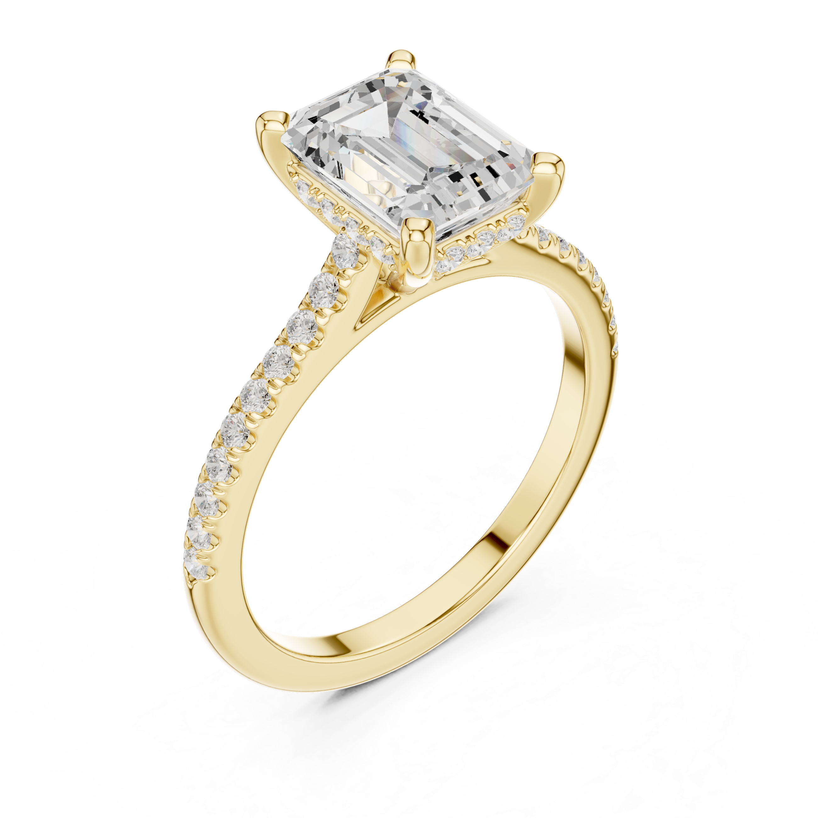 Emerald Cut Solitaire Engagement Ring with Pavé Diamond Band and Hidden Halo