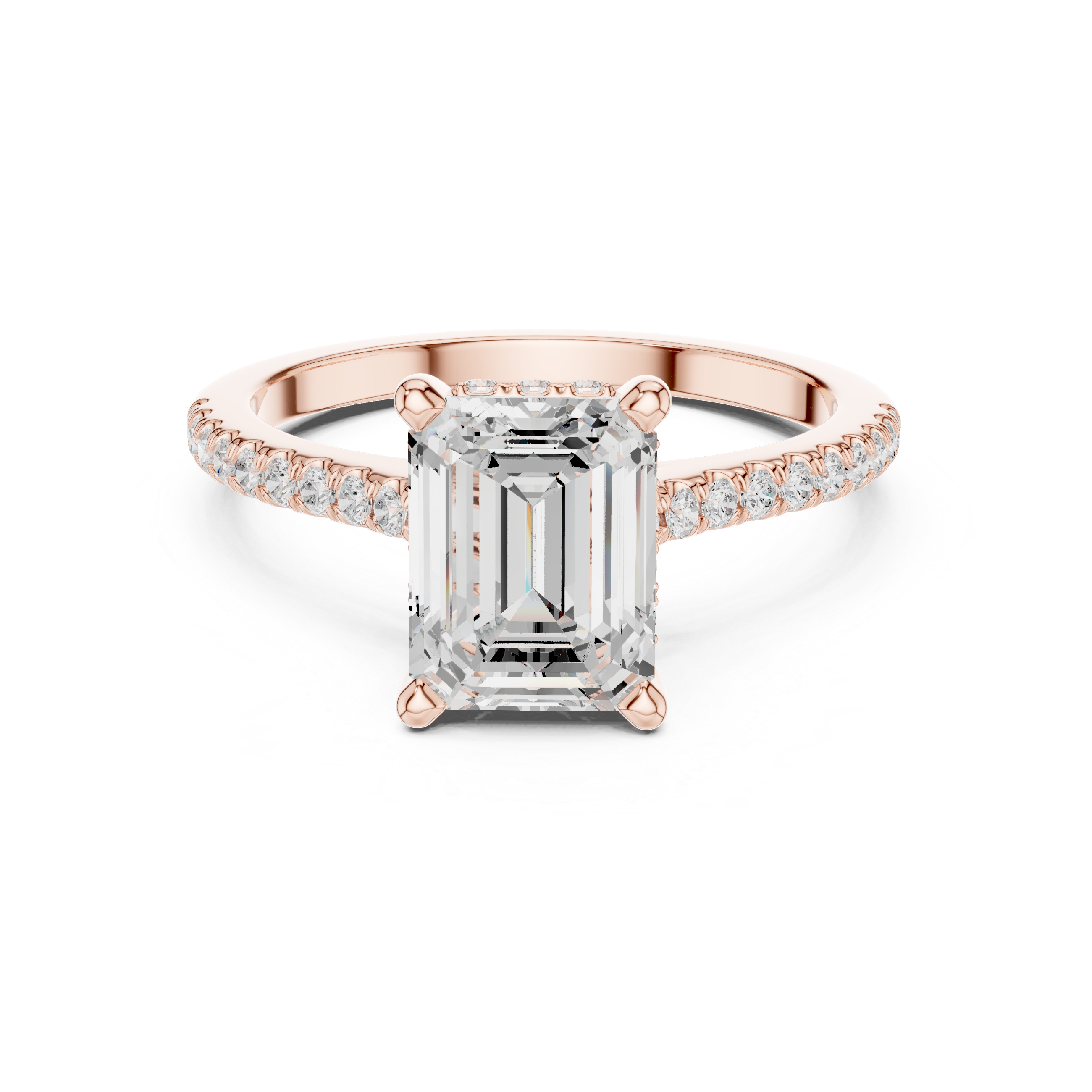 Emerald Cut Solitaire Engagement Ring with Pavé Diamond Band and Hidden Halo