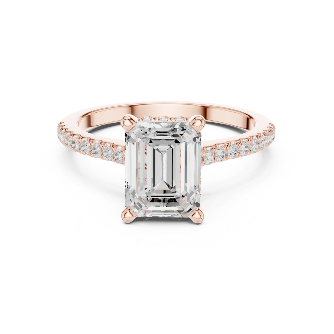 Emerald Cut Solitaire Engagement Ring with Pavé Diamond Band and Hidden Halo