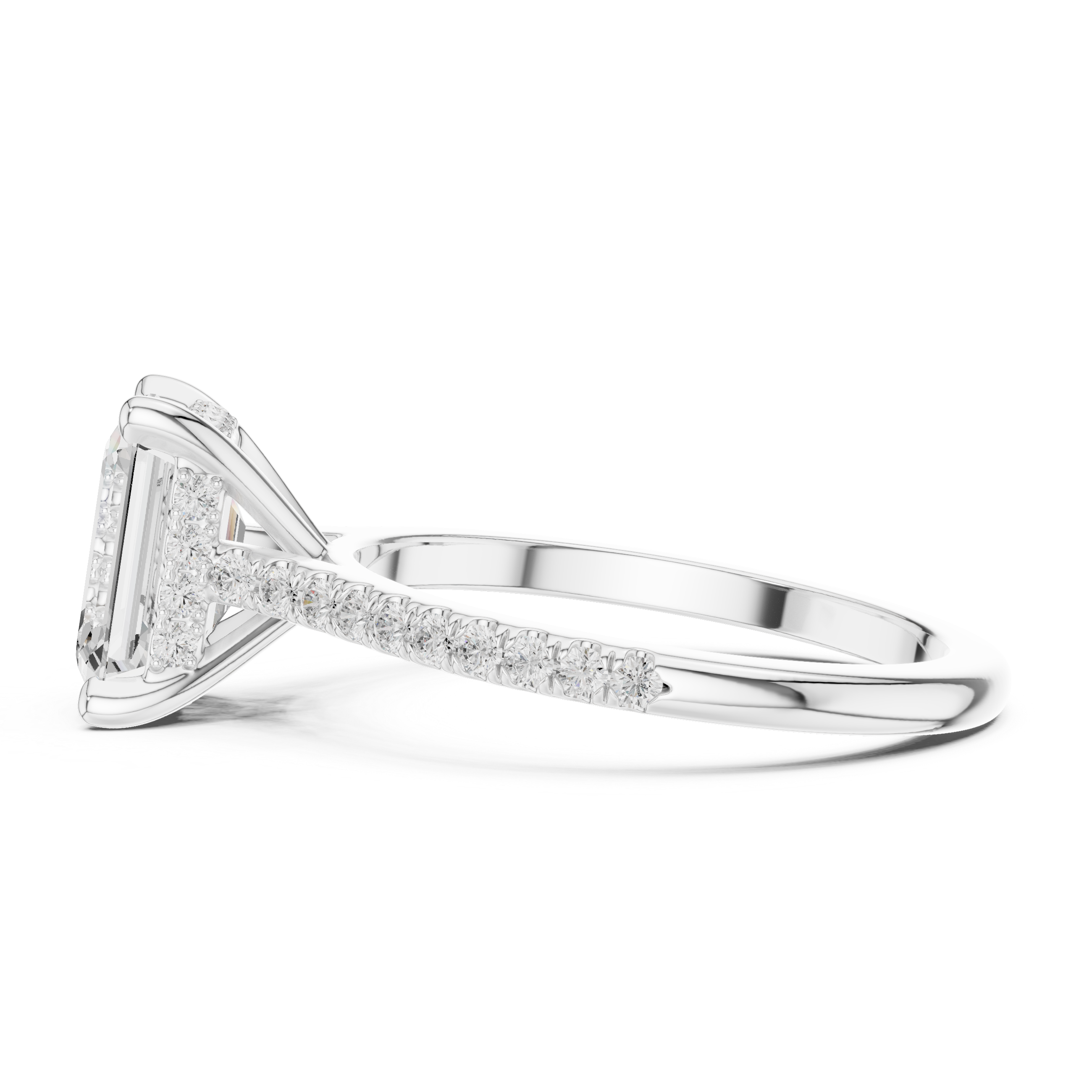 Emerald Cut Solitaire Engagement Ring with Pavé Diamond Band and Hidden Halo