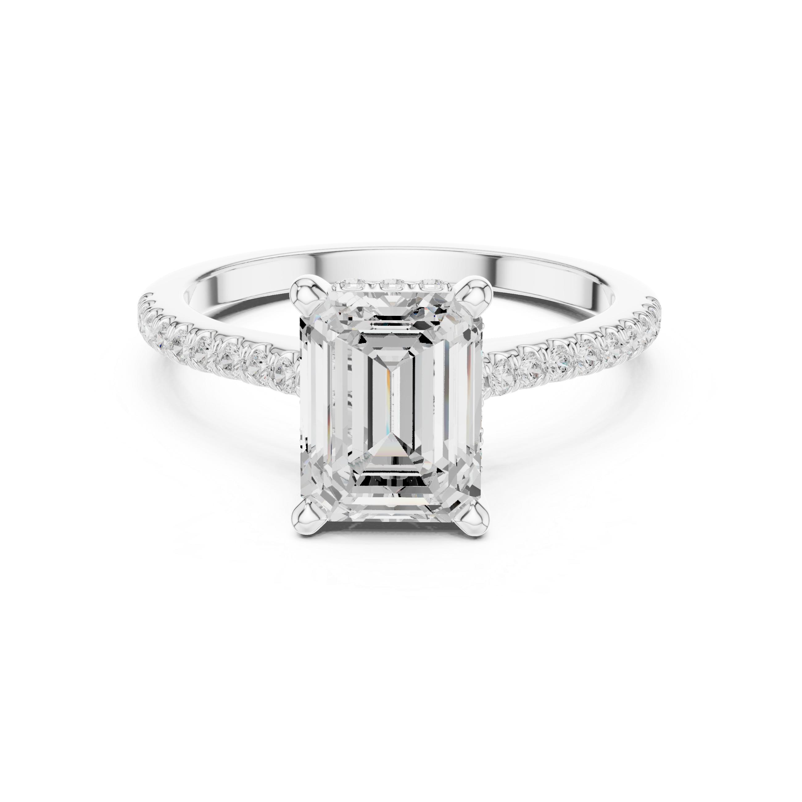 Emerald Cut Solitaire Engagement Ring with Pavé Diamond Band and Hidden Halo
