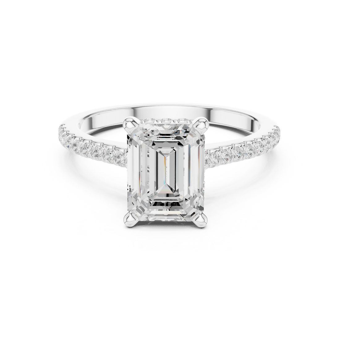 Emerald Cut Solitaire Engagement Ring with Pavé Diamond Band and Hidden Halo