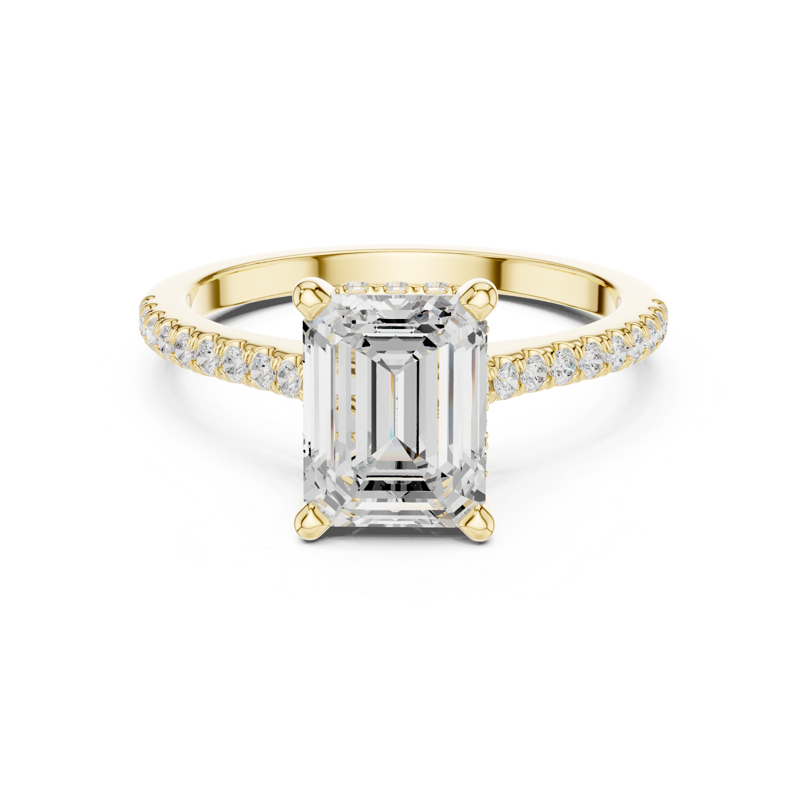 Emerald Cut Solitaire Engagement Ring with Pavé Diamond Band and Hidden Halo