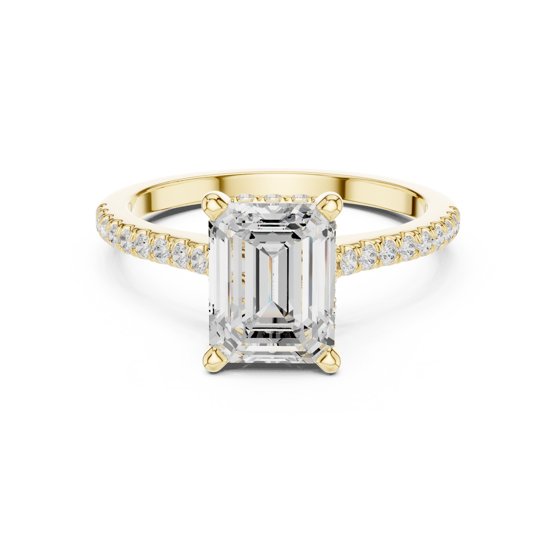 Emerald Cut Solitaire Engagement Ring with Pavé Diamond Band and Hidden Halo