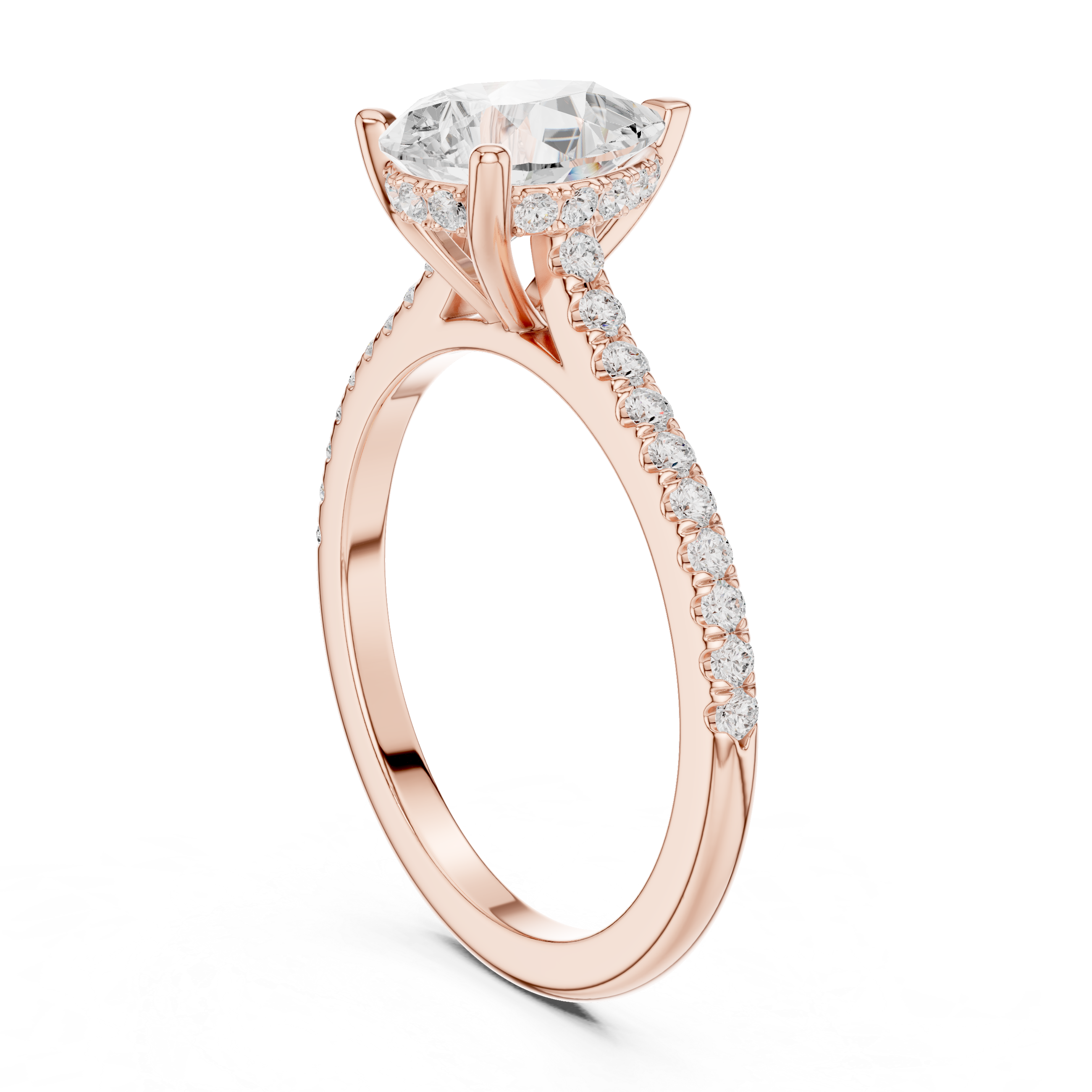 Pear Cut Solitaire Engagement Ring with Pavé Diamond Band and Hidden Halo