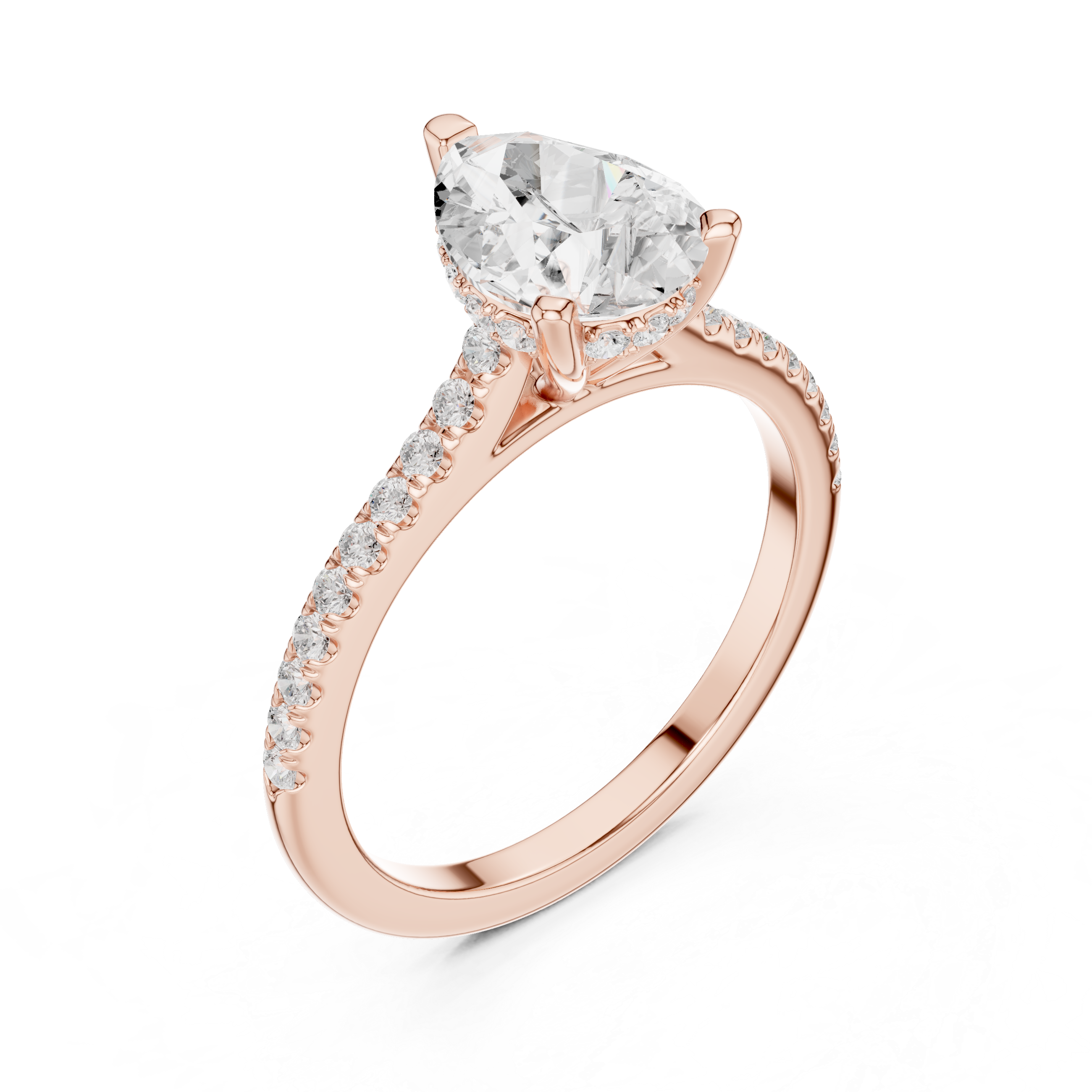 Pear Cut Solitaire Engagement Ring with Pavé Diamond Band and Hidden Halo