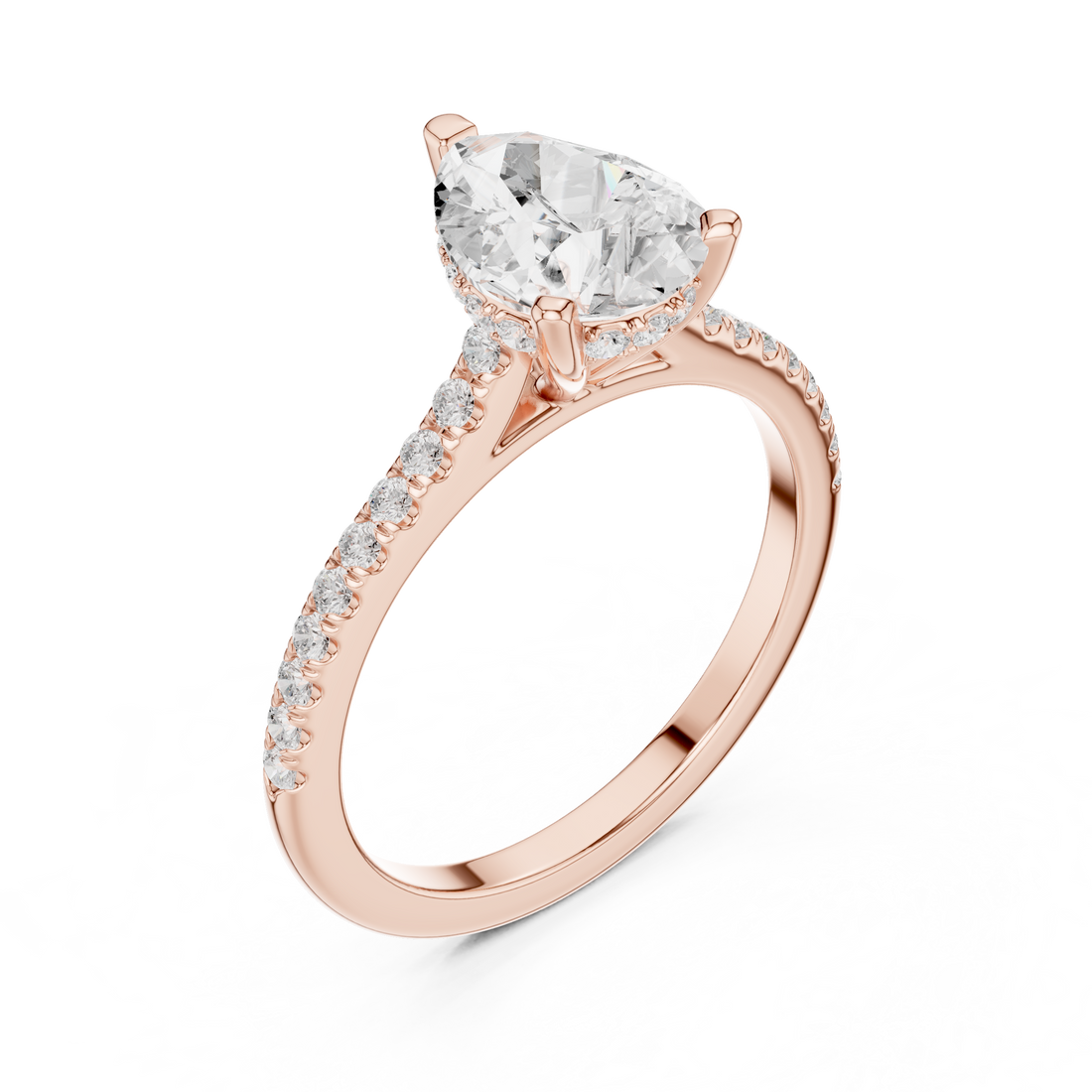 Pear Cut Solitaire Engagement Ring with Pavé Diamond Band and Hidden Halo