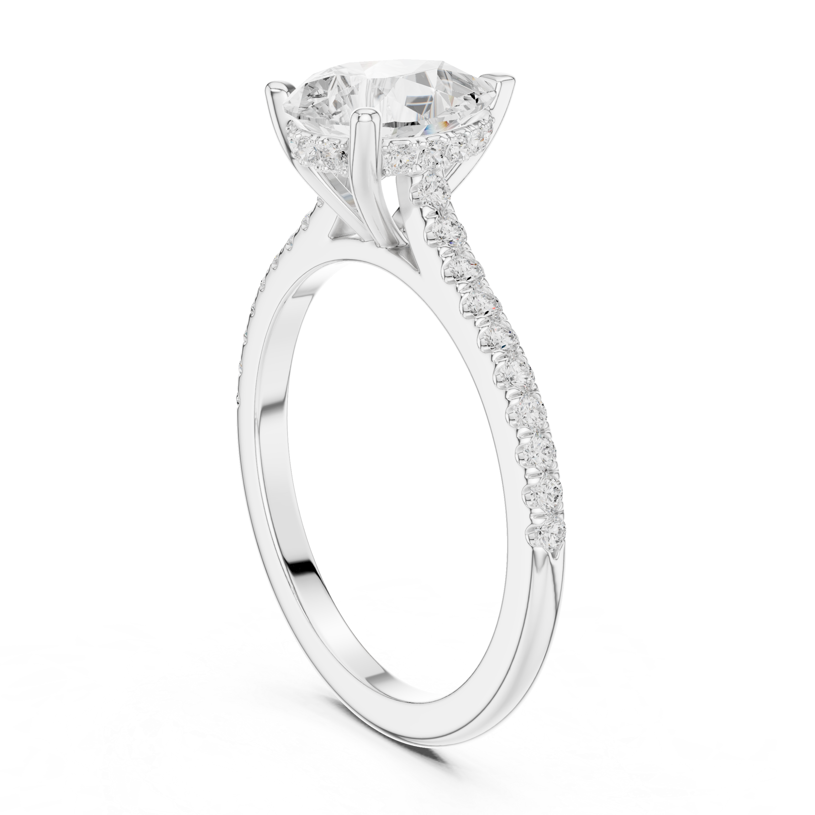Pear Cut Solitaire Engagement Ring with Pavé Diamond Band and Hidden Halo