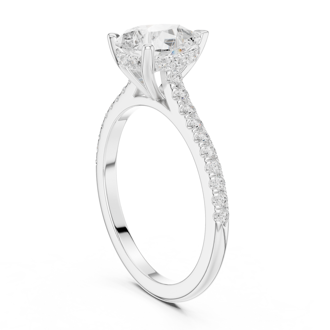 Pear Cut Solitaire Engagement Ring with Pavé Diamond Band and Hidden Halo