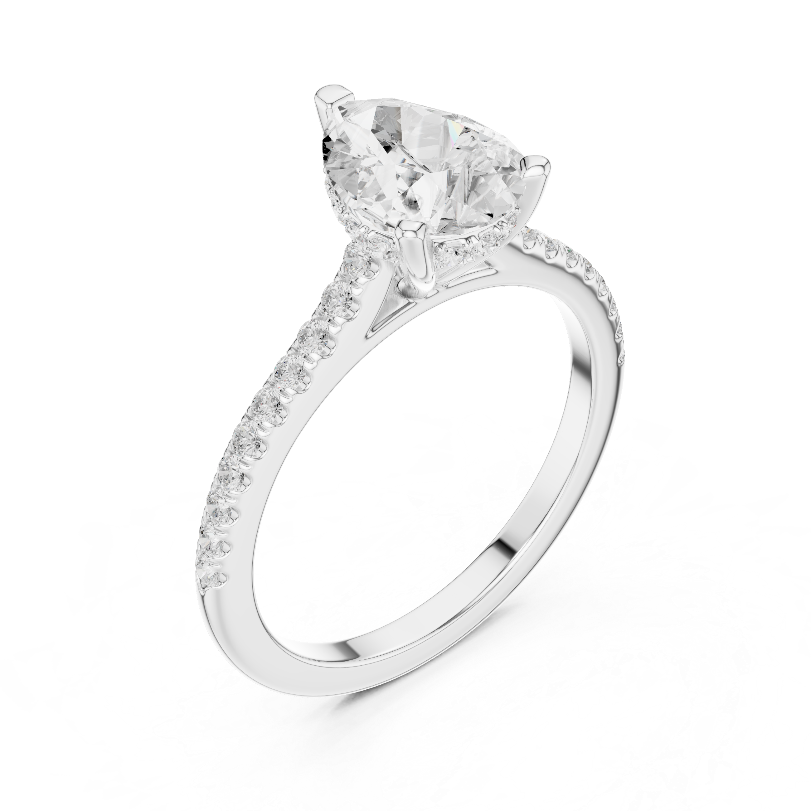 Pear Cut Solitaire Engagement Ring with Pavé Diamond Band and Hidden Halo