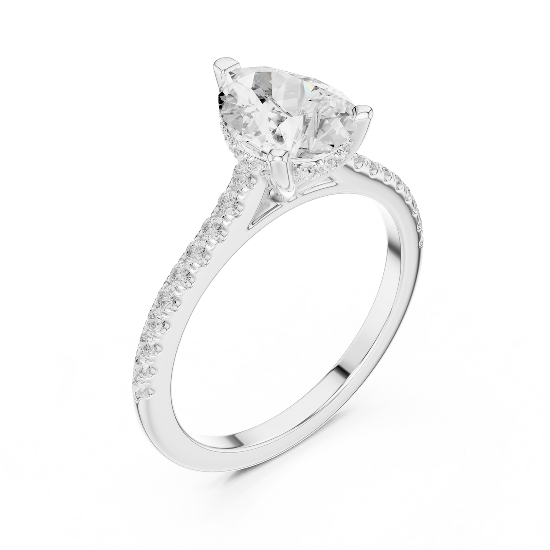 Pear Cut Solitaire Engagement Ring with Pavé Diamond Band and Hidden Halo