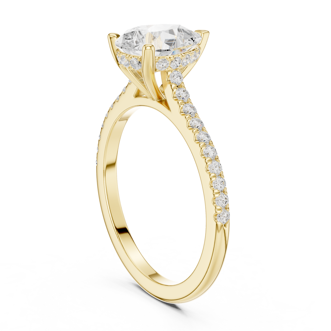 Pear Cut Solitaire Engagement Ring with Pavé Diamond Band and Hidden Halo