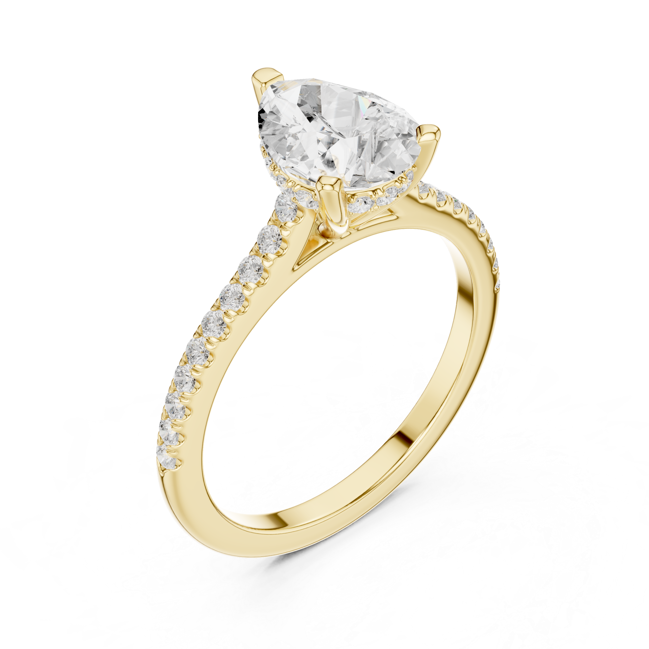 Pear Cut Solitaire Engagement Ring with Pavé Diamond Band and Hidden Halo