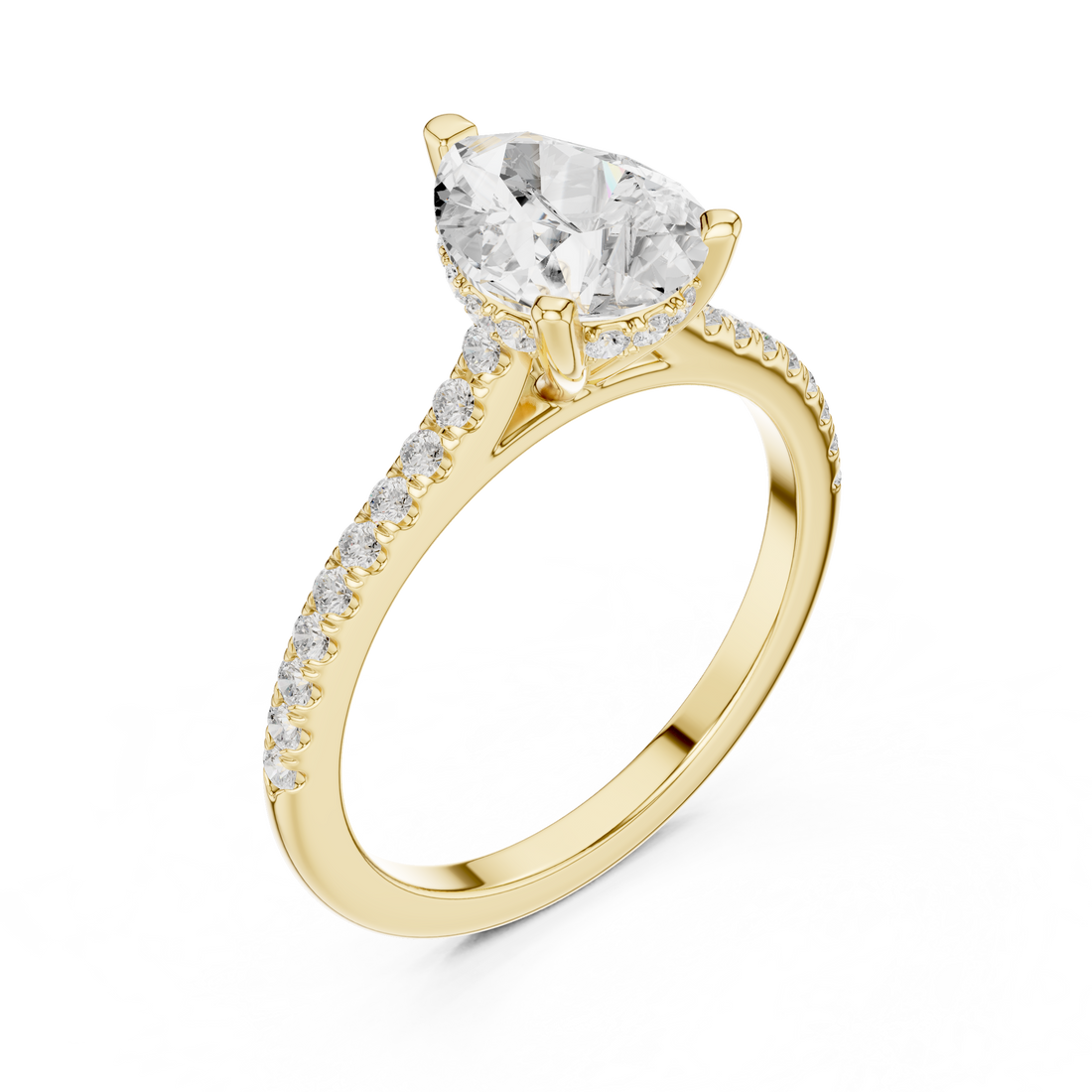 Pear Cut Solitaire Engagement Ring with Pavé Diamond Band and Hidden Halo