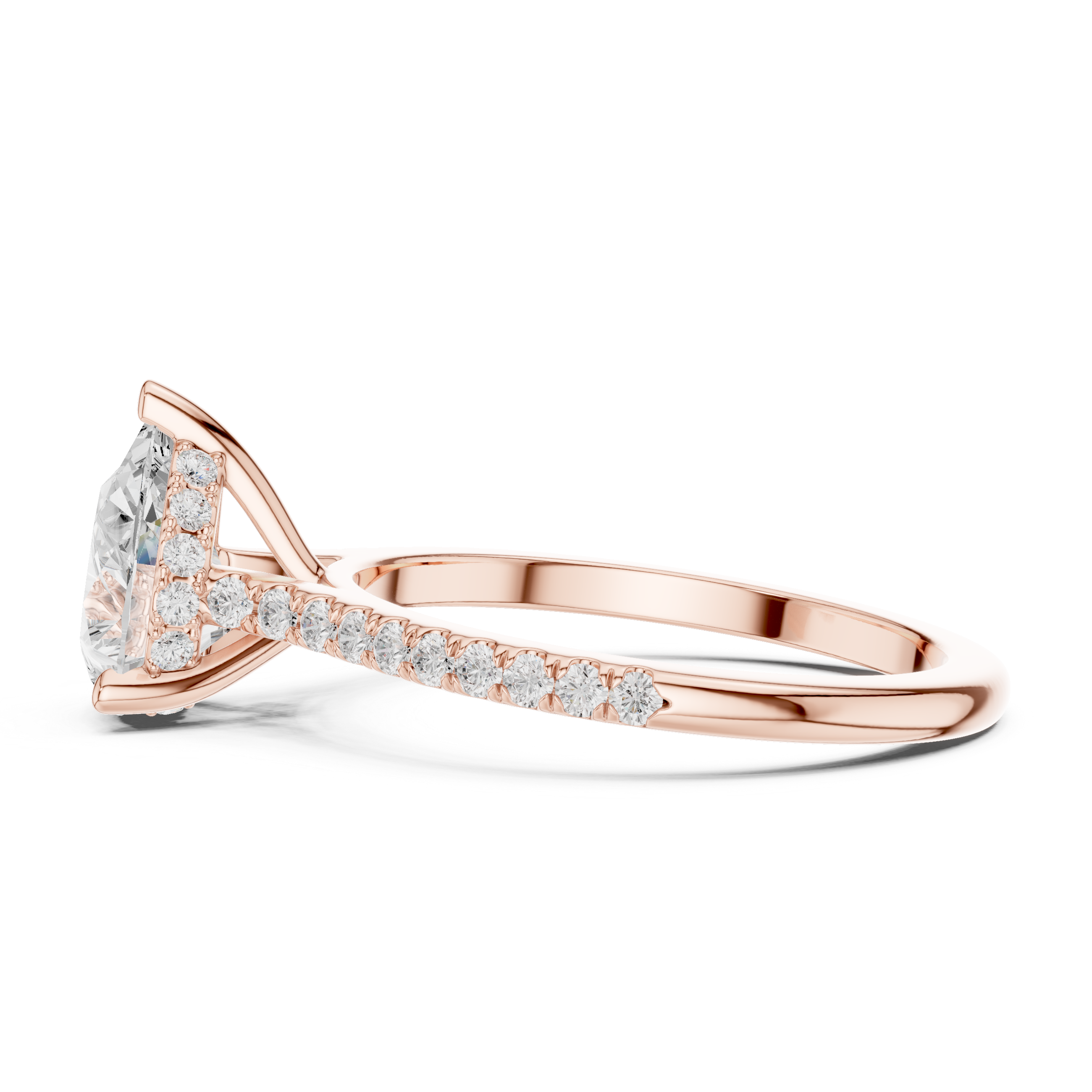 Pear Cut Solitaire Engagement Ring with Pavé Diamond Band and Hidden Halo