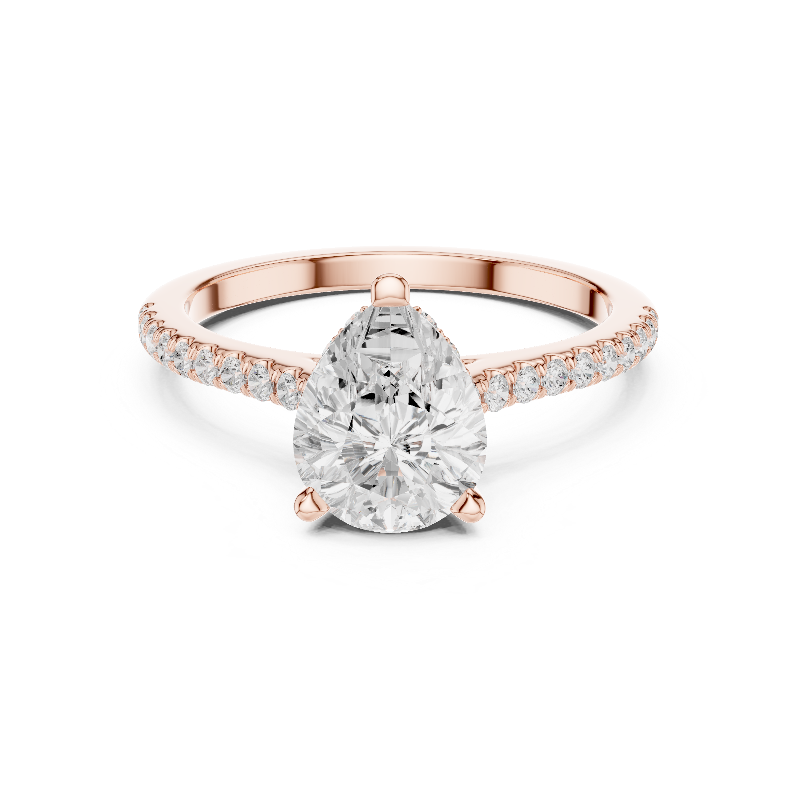 Pear Cut Solitaire Engagement Ring with Pavé Diamond Band and Hidden Halo