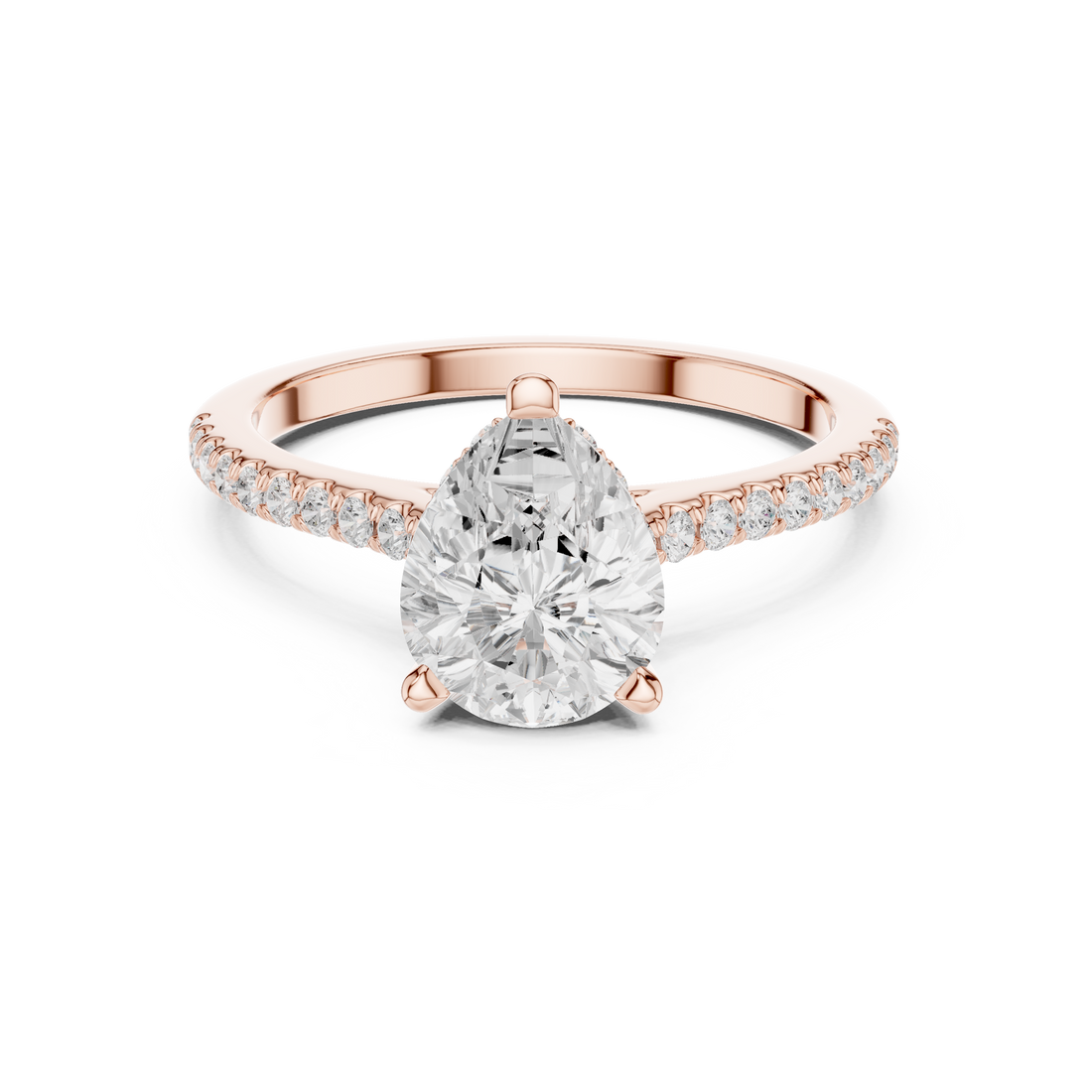 Pear Cut Solitaire Engagement Ring with Pavé Diamond Band and Hidden Halo