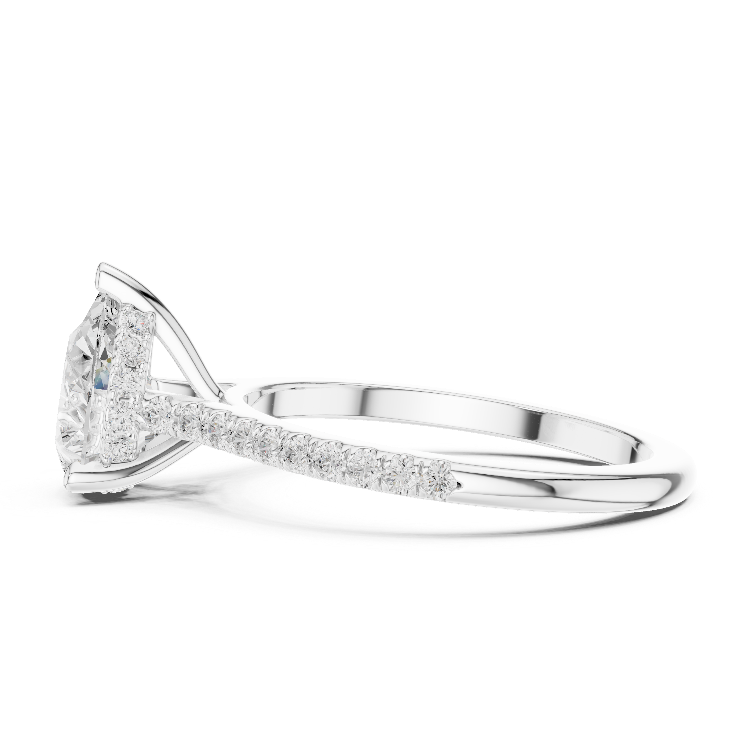 Pear Cut Solitaire Engagement Ring with Pavé Diamond Band and Hidden Halo