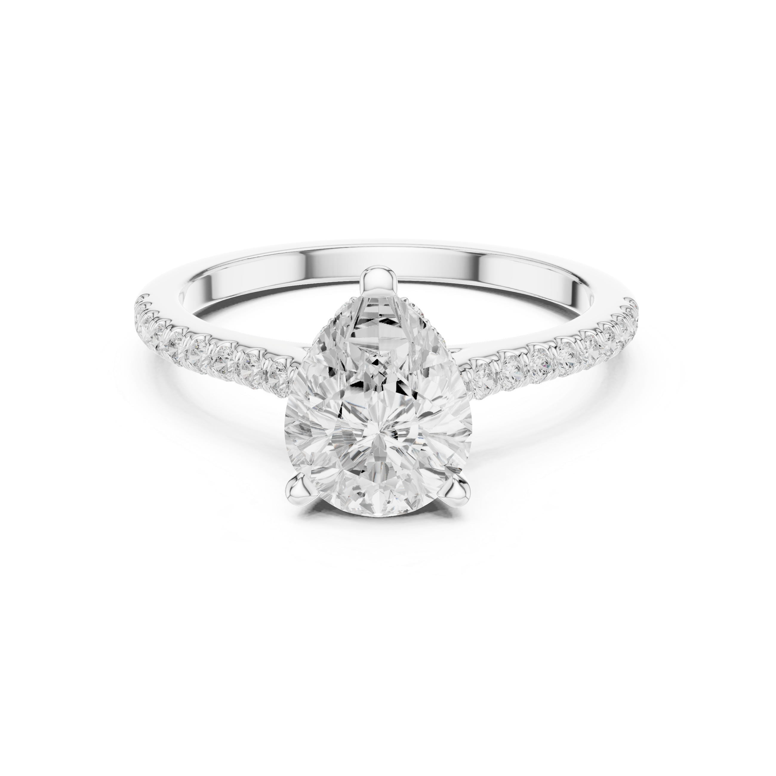 Pear Cut Solitaire Engagement Ring with Pavé Diamond Band and Hidden Halo