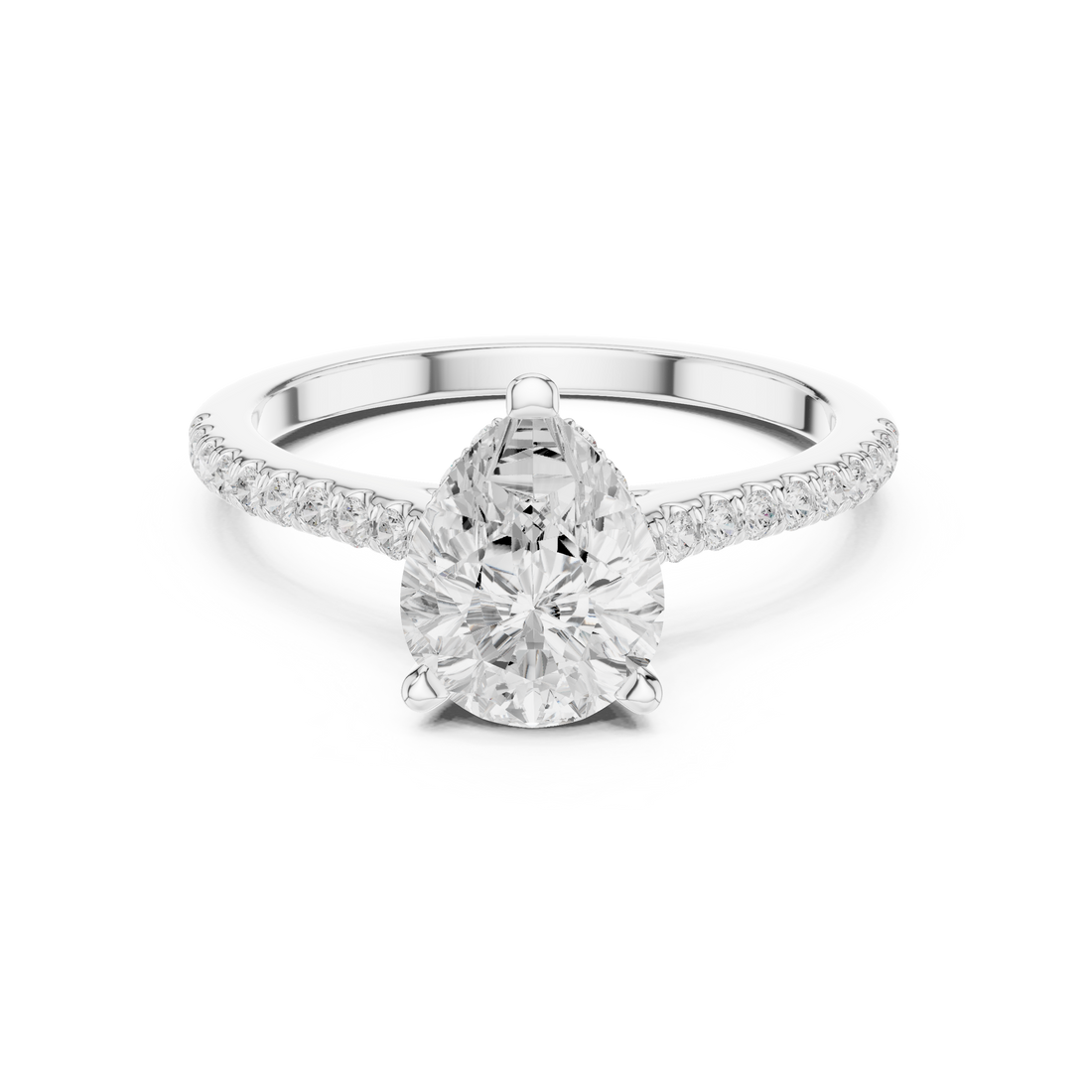 Pear Cut Solitaire Engagement Ring with Pavé Diamond Band and Hidden Halo