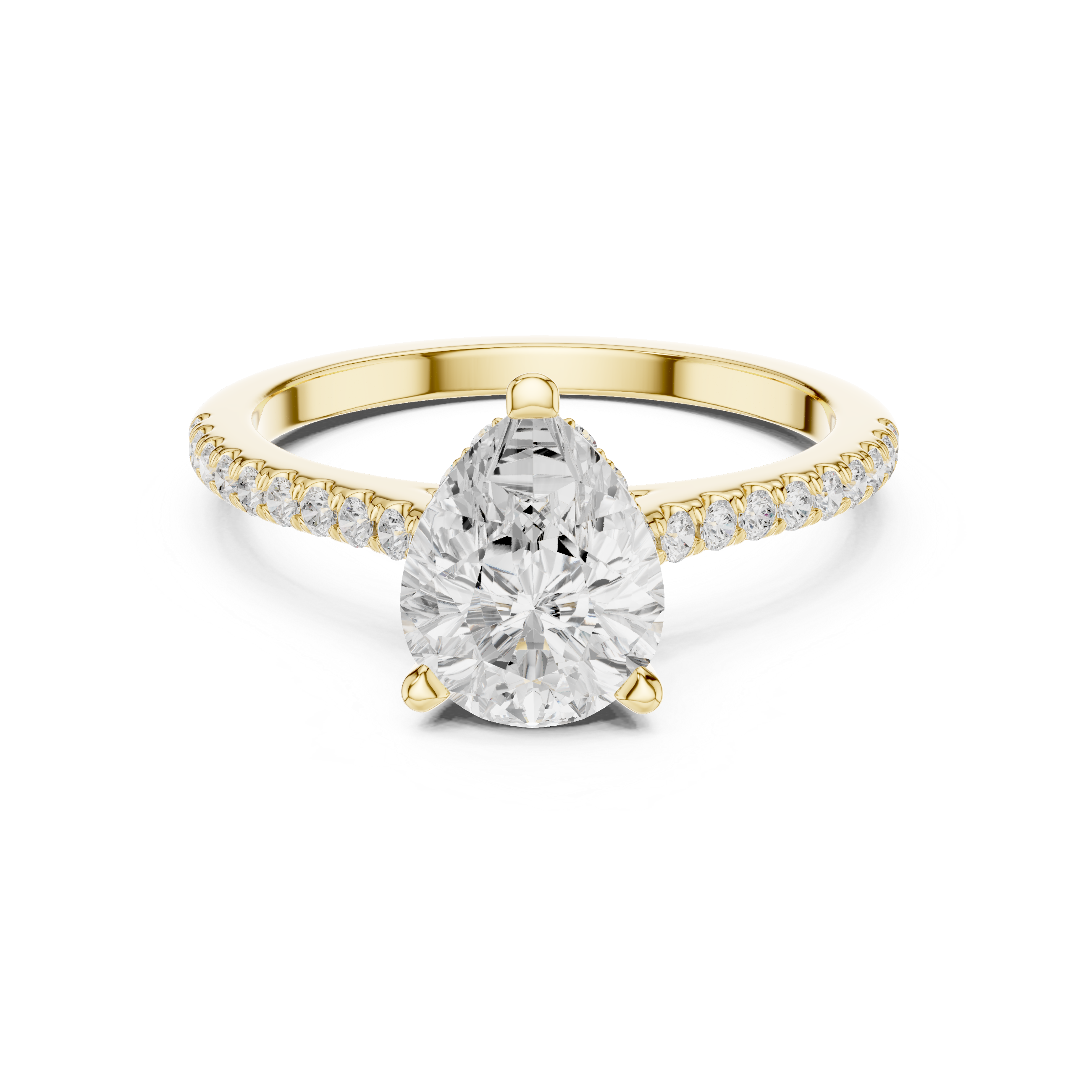 Pear Cut Solitaire Engagement Ring with Pavé Diamond Band and Hidden Halo