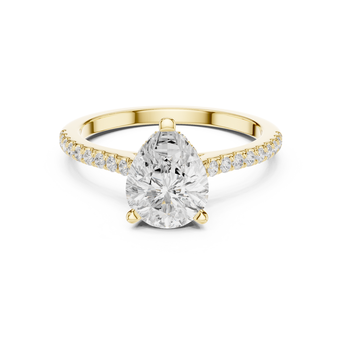 Pear Cut Solitaire Engagement Ring with Pavé Diamond Band and Hidden Halo