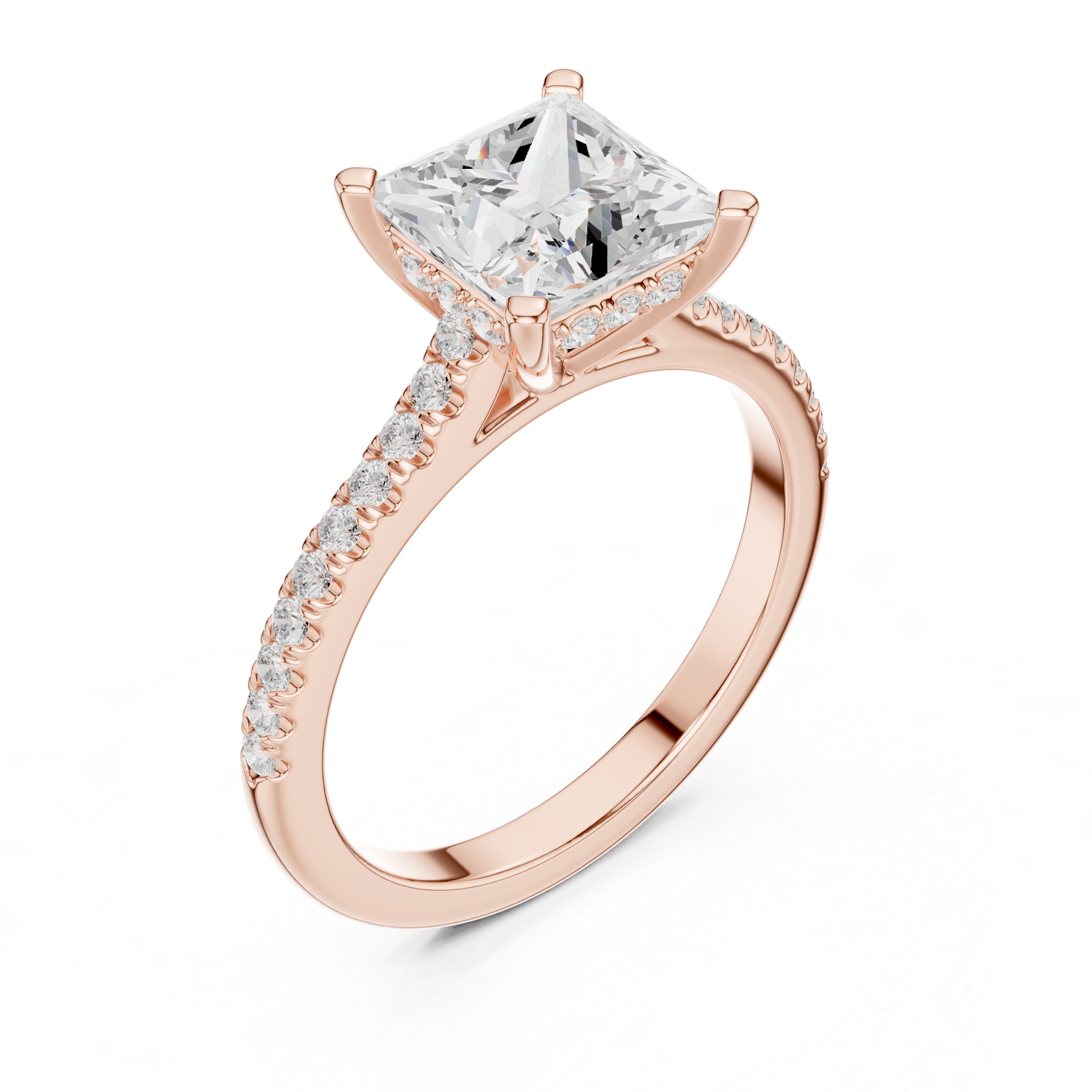 Princess Cut Solitaire Engagement Ring with Pavé Diamond Band and Hidden Halo